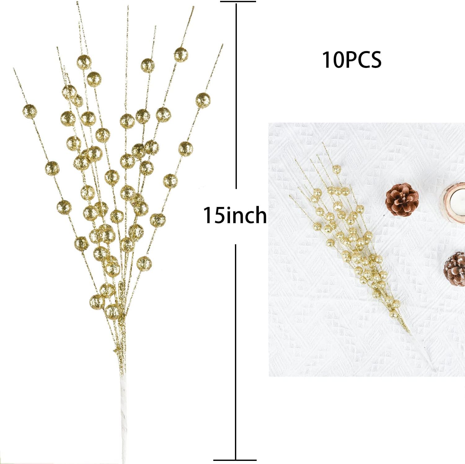 DearHouse 10 Pack Gold Christmas Berry Stems for Decor