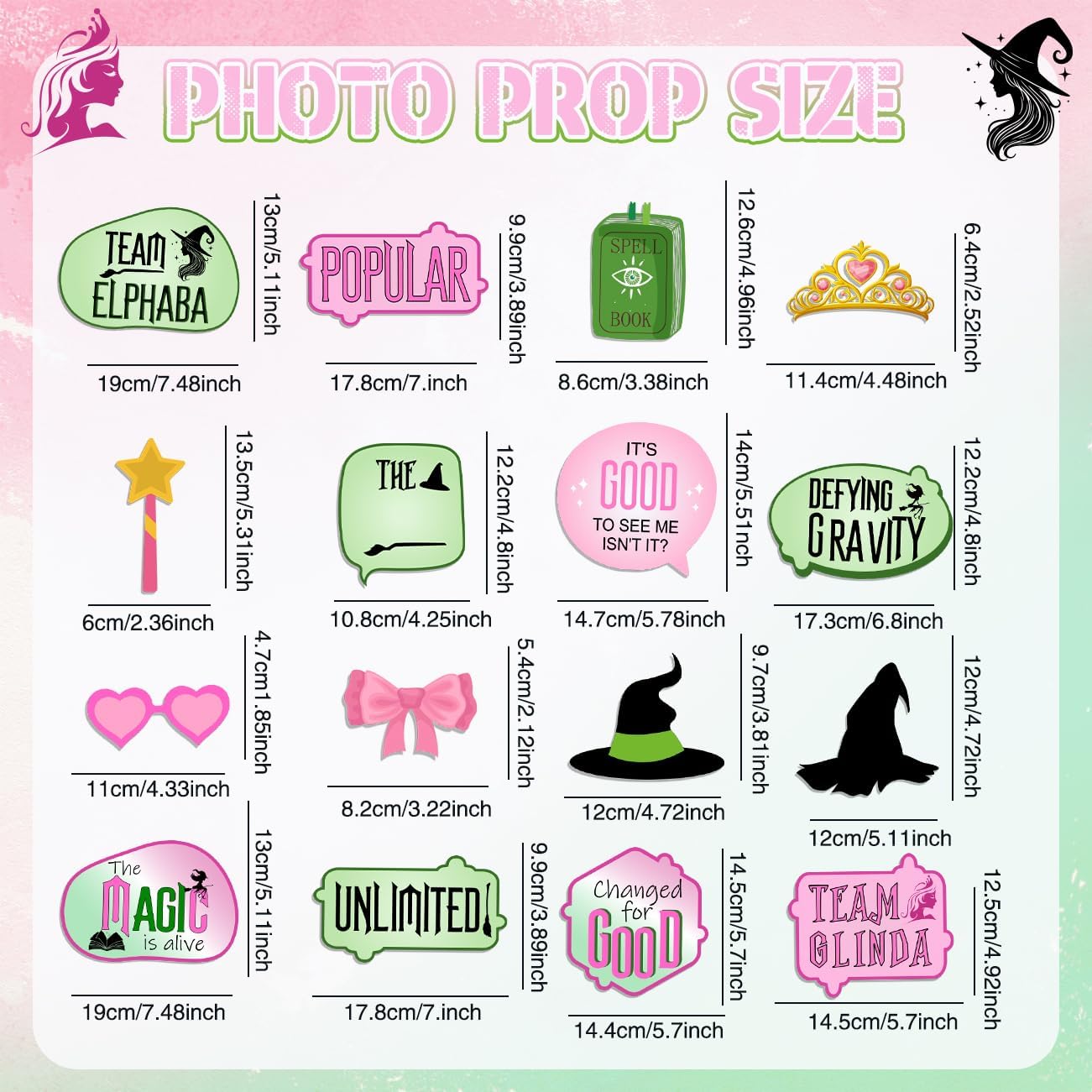 Pink Green and Black Witch Party Photo Booth Props Kit