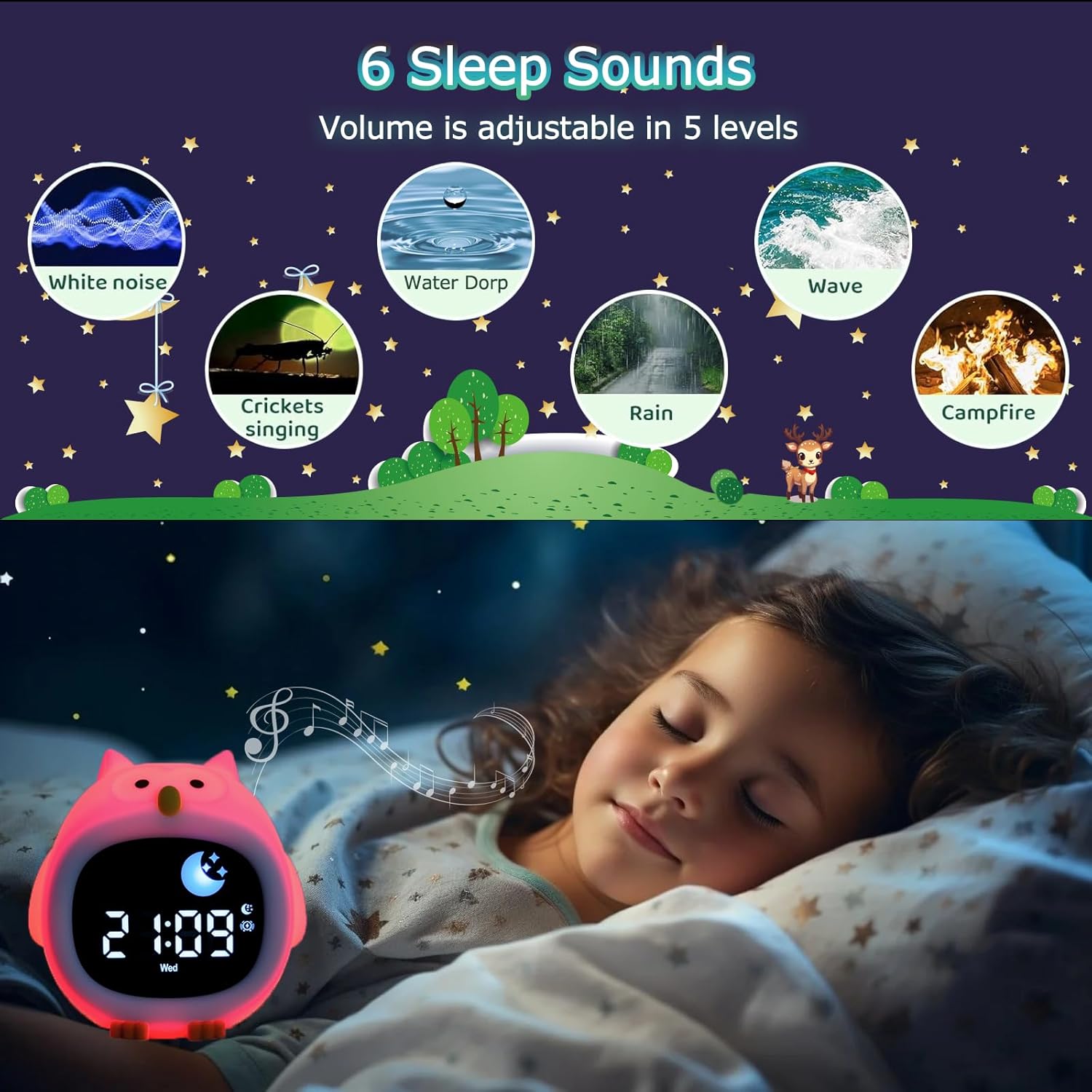 Avalynese Owl Alarm Clock with Night Light and Sound Machine