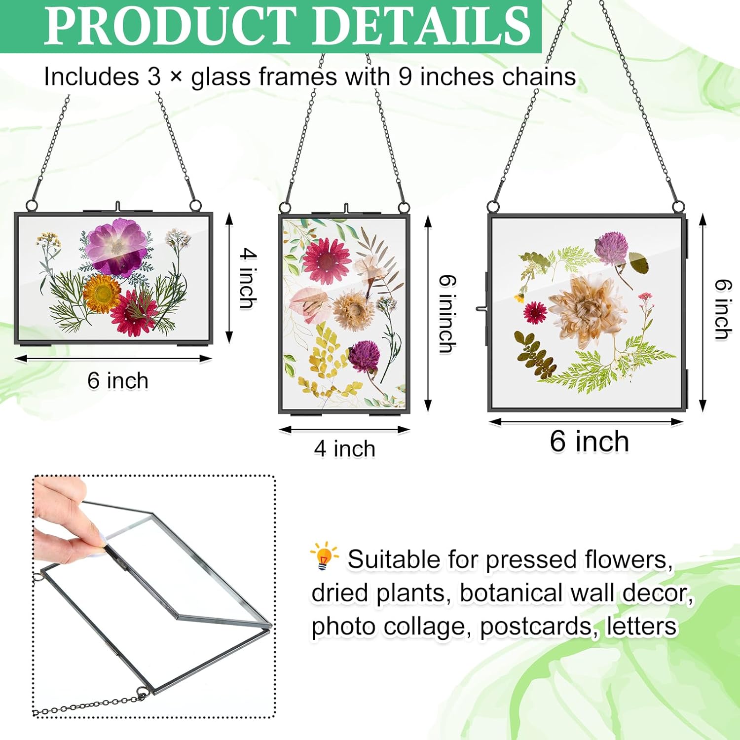 Geetery 9 Pcs Black Hanging Glass Frame for Dried Flowers