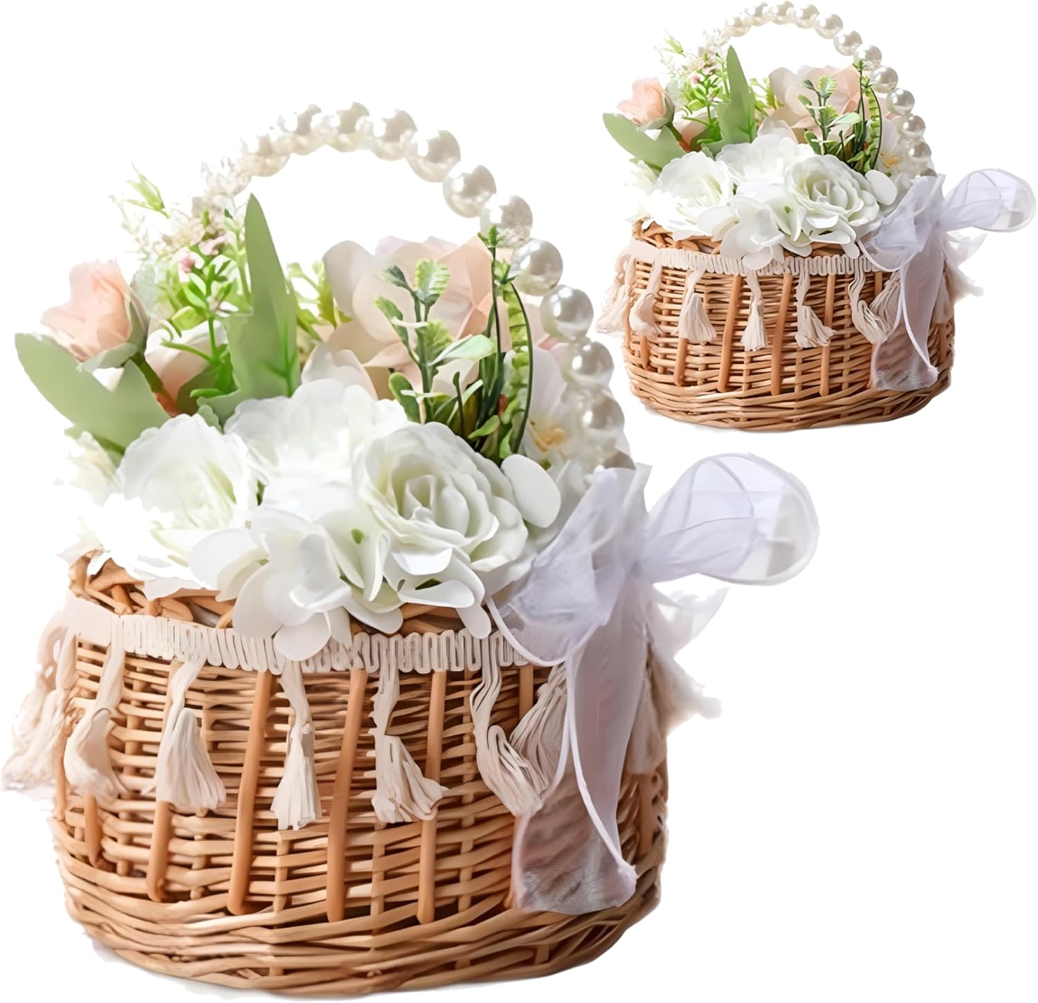 2PCS Wicker Rattan Flower Girl Baskets with Pearl Handle Tassels