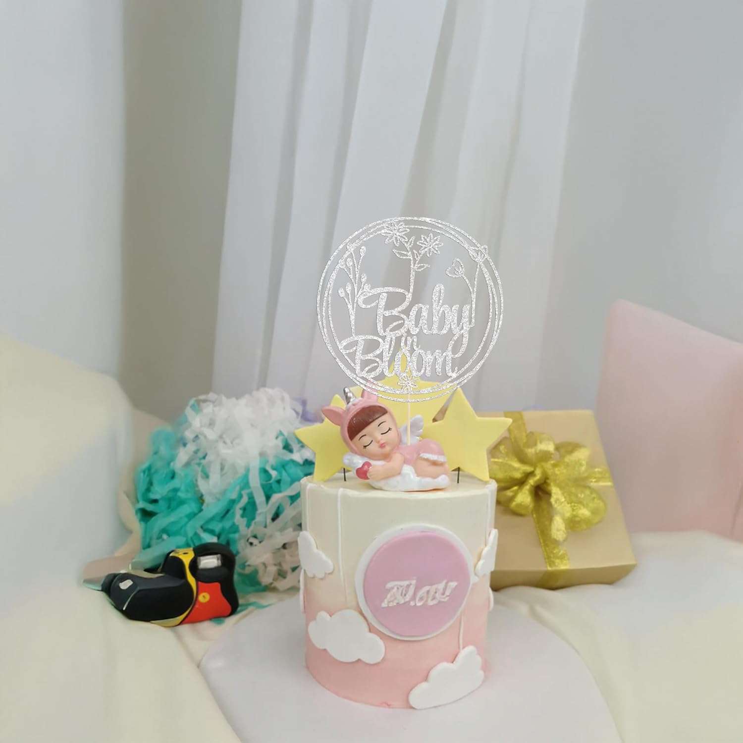 Gyufise Baby in Bloom Glitter Flower Cake Topper