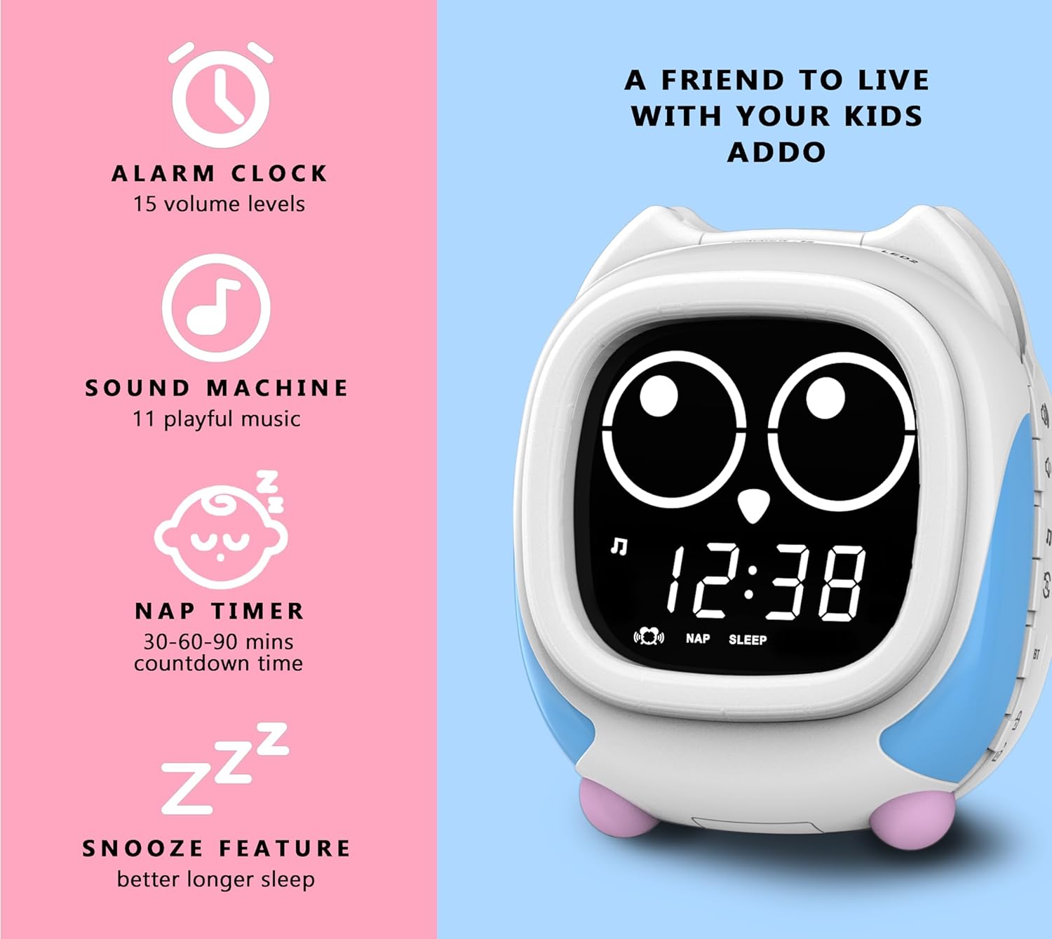iTOMA Addo Kids Alarm Clock with Bluetooth and White Noise