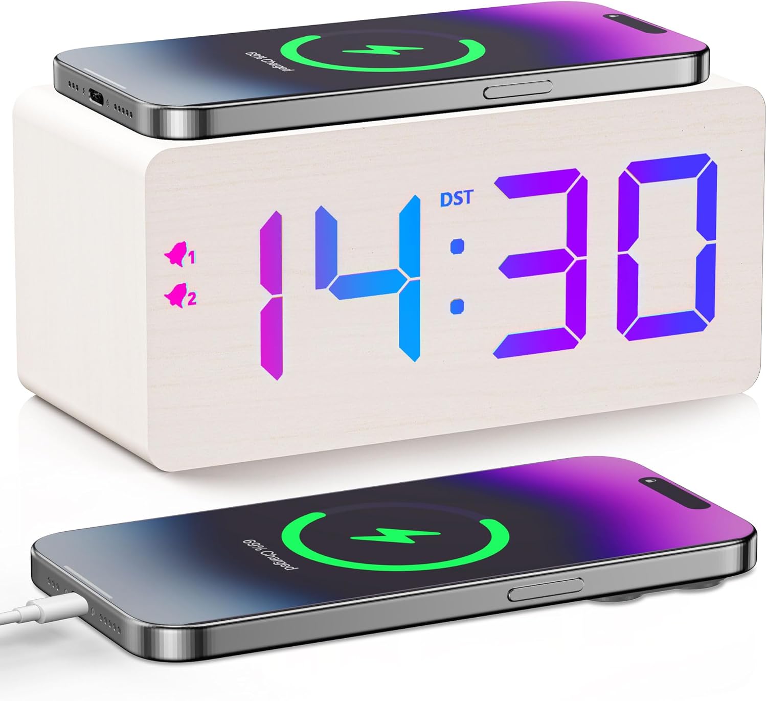 URAYCO Wooden Digital Alarm Clock with RGB Display and Fast Charging