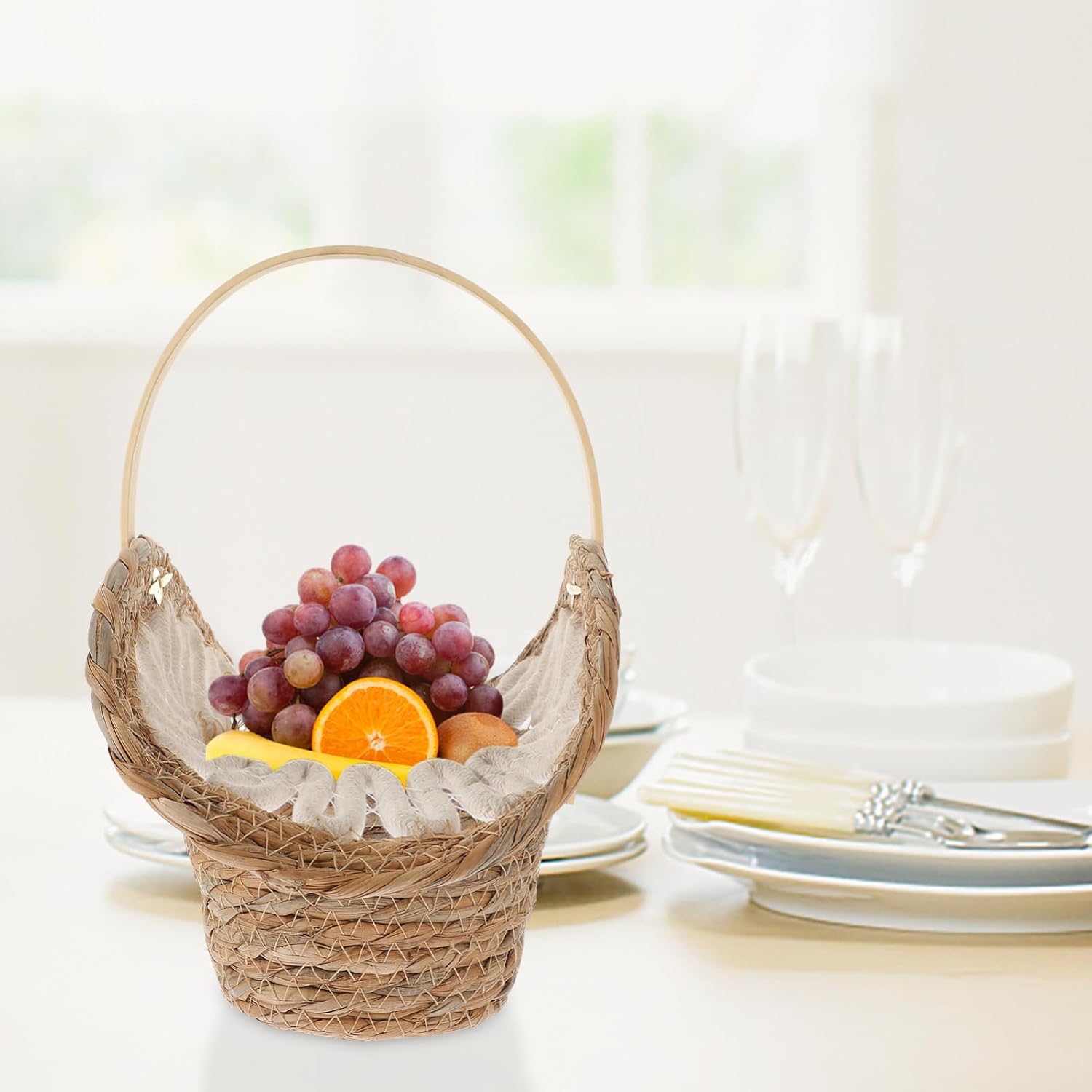 Flower Girl Basket Hand Woven Straw for Home Decor