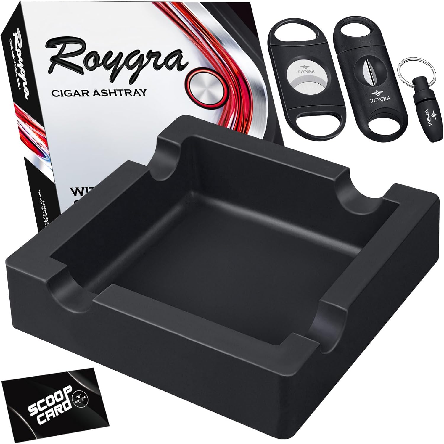 Roygra Cigar Ashtray with 3 Cutters Outdoor Use Black