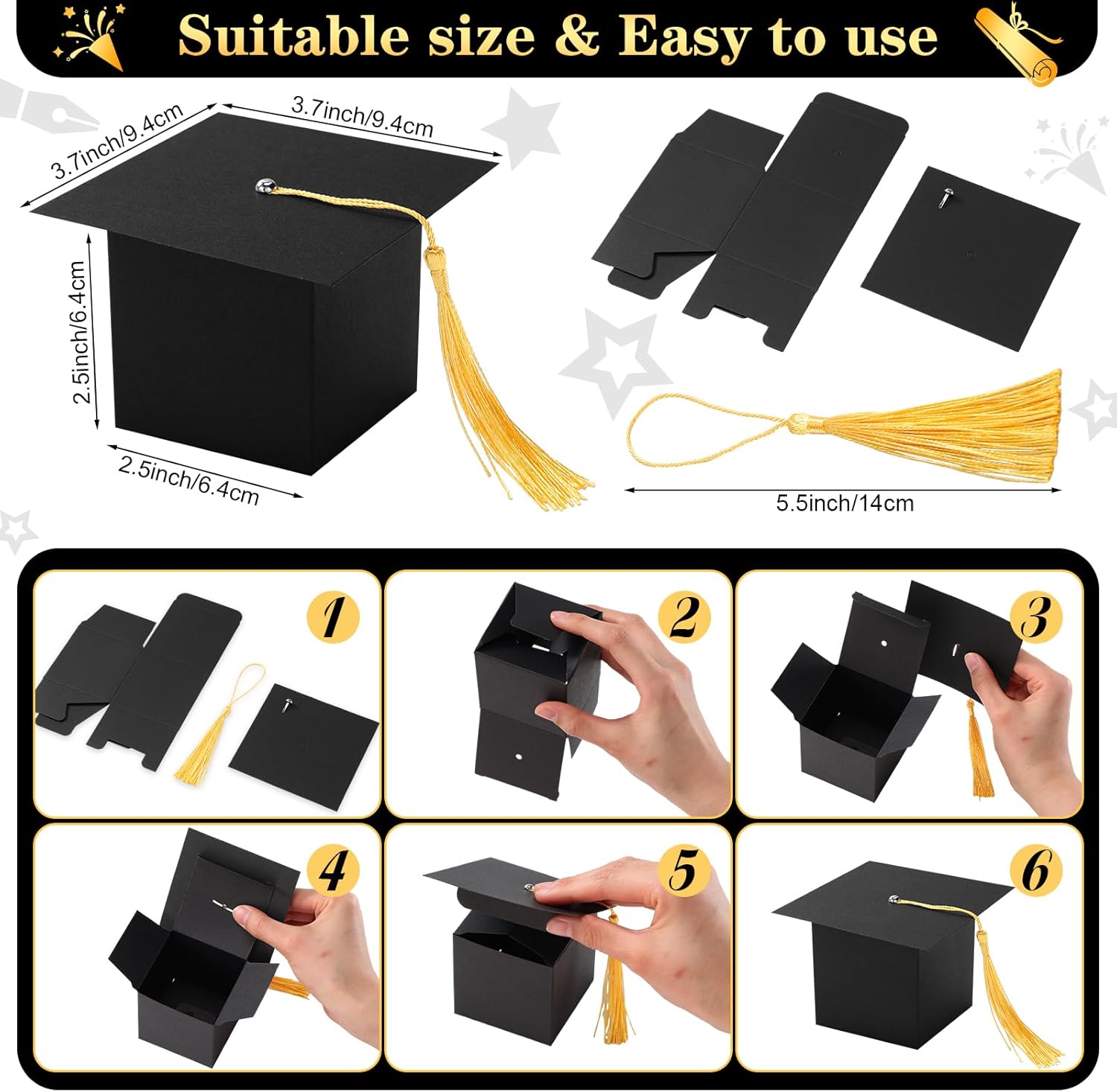 TaoBary Graduation Cap Candy Boxes Set of 12 Black