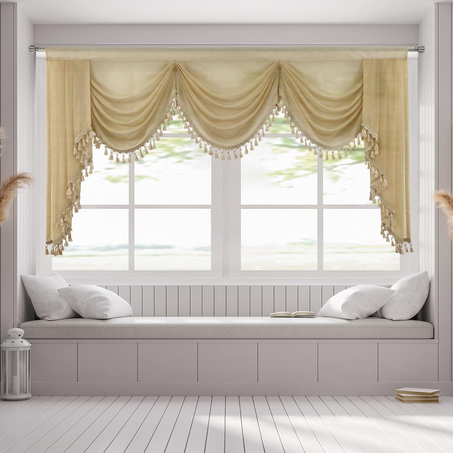 Waterfall Sheer Curtain Valance with Tassels for Bedroom and Living Room