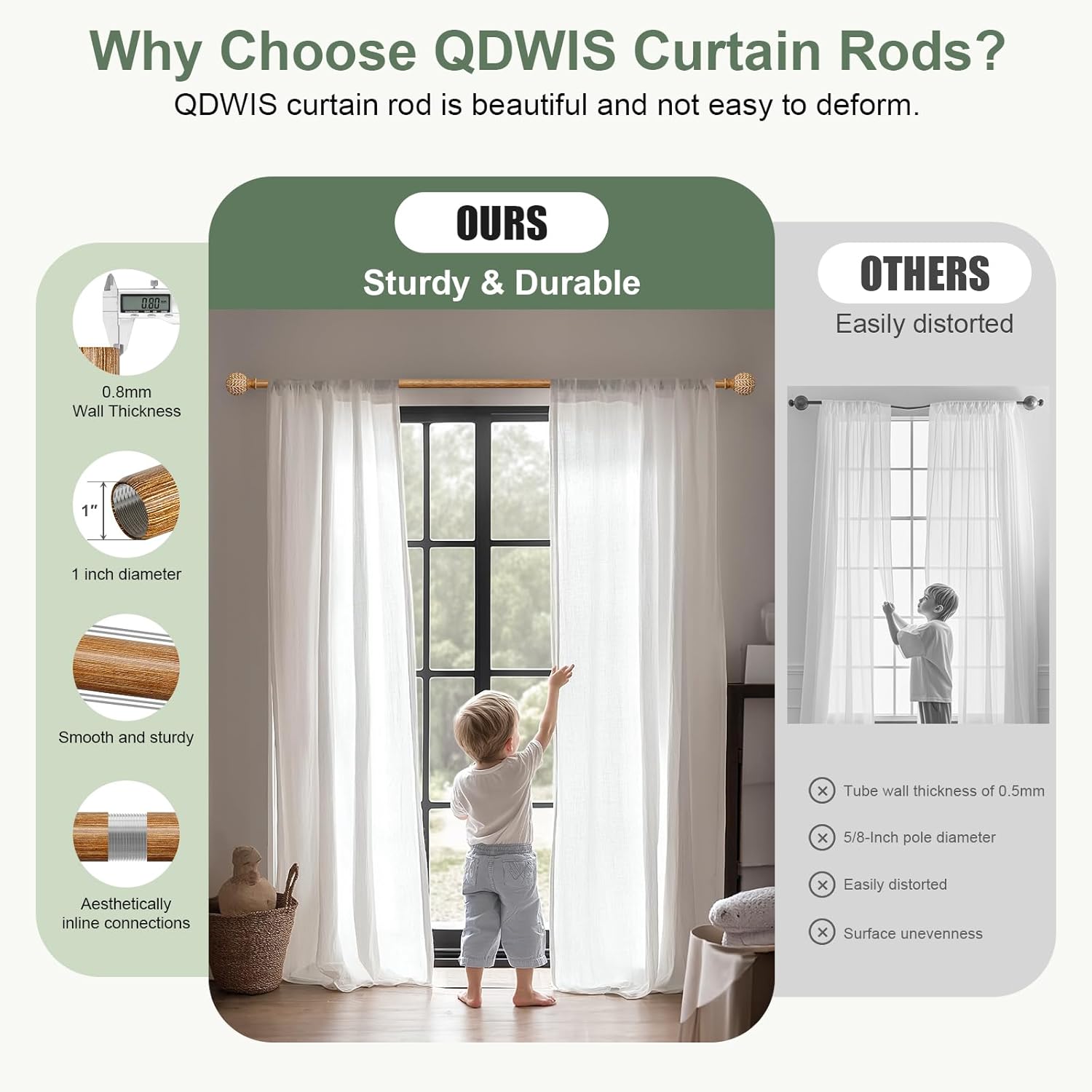 Boho Style Wood Grain Curtain Rod Set 36-88 Inches Natural Wood