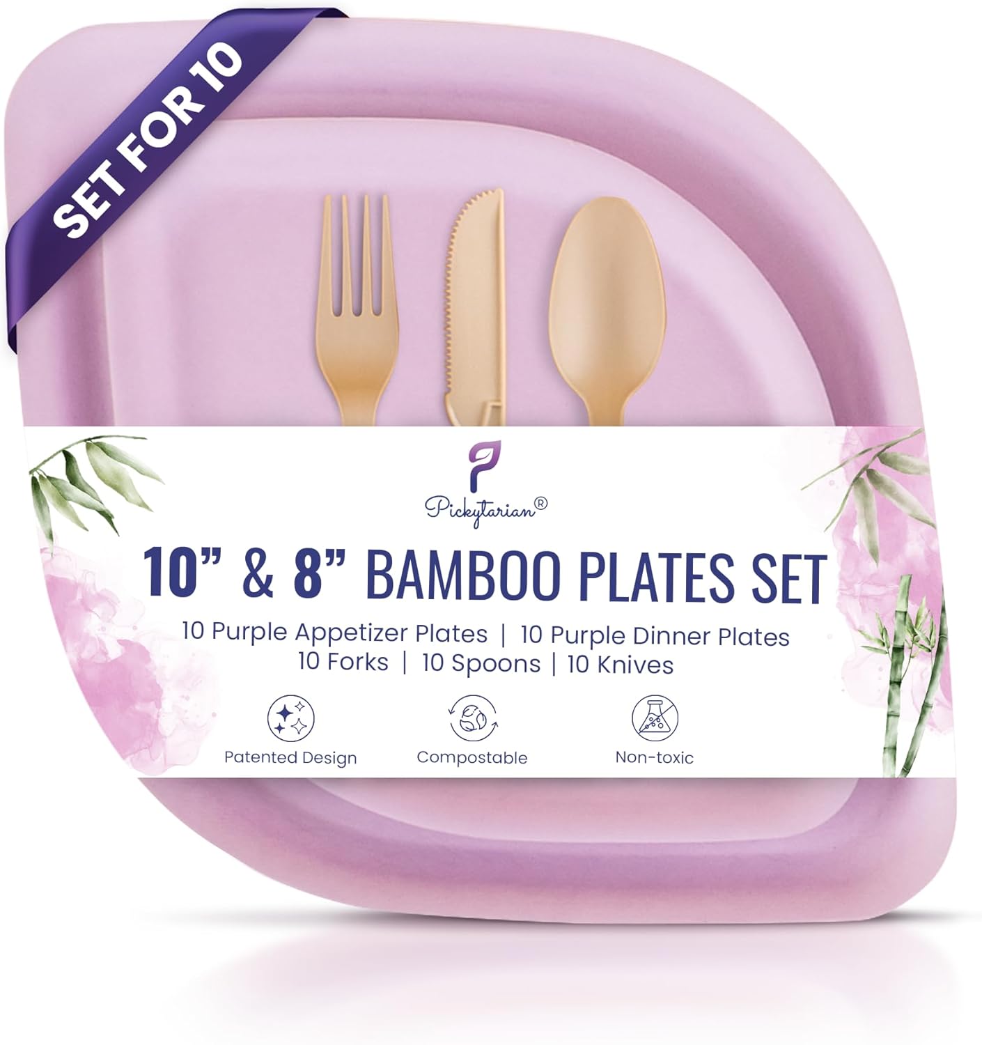 Fancy Purple Disposable Plates 50pcs Bamboo Set for Parties