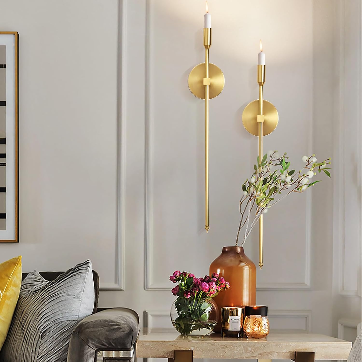 Gold Candle Sconces Wall Holder Set of 2 Modern Decor