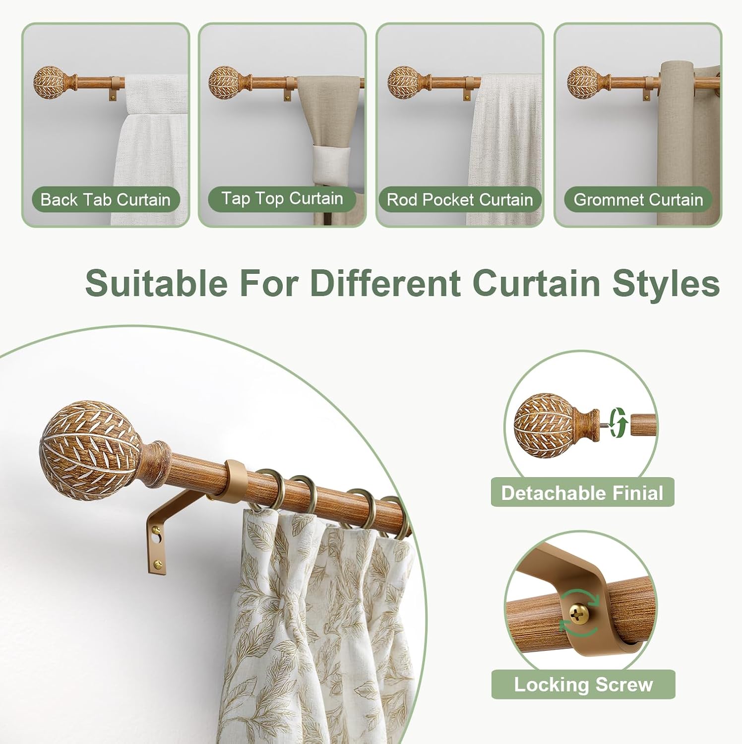 Boho Style Wood Grain Curtain Rod Set 36-88 Inches Natural Wood