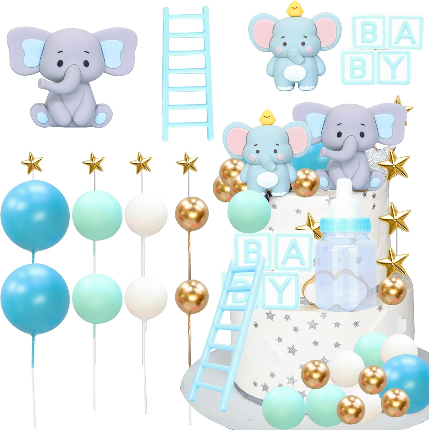 Gyufise 33Pcs Baby Elephant Cake Topper 3D Decorations