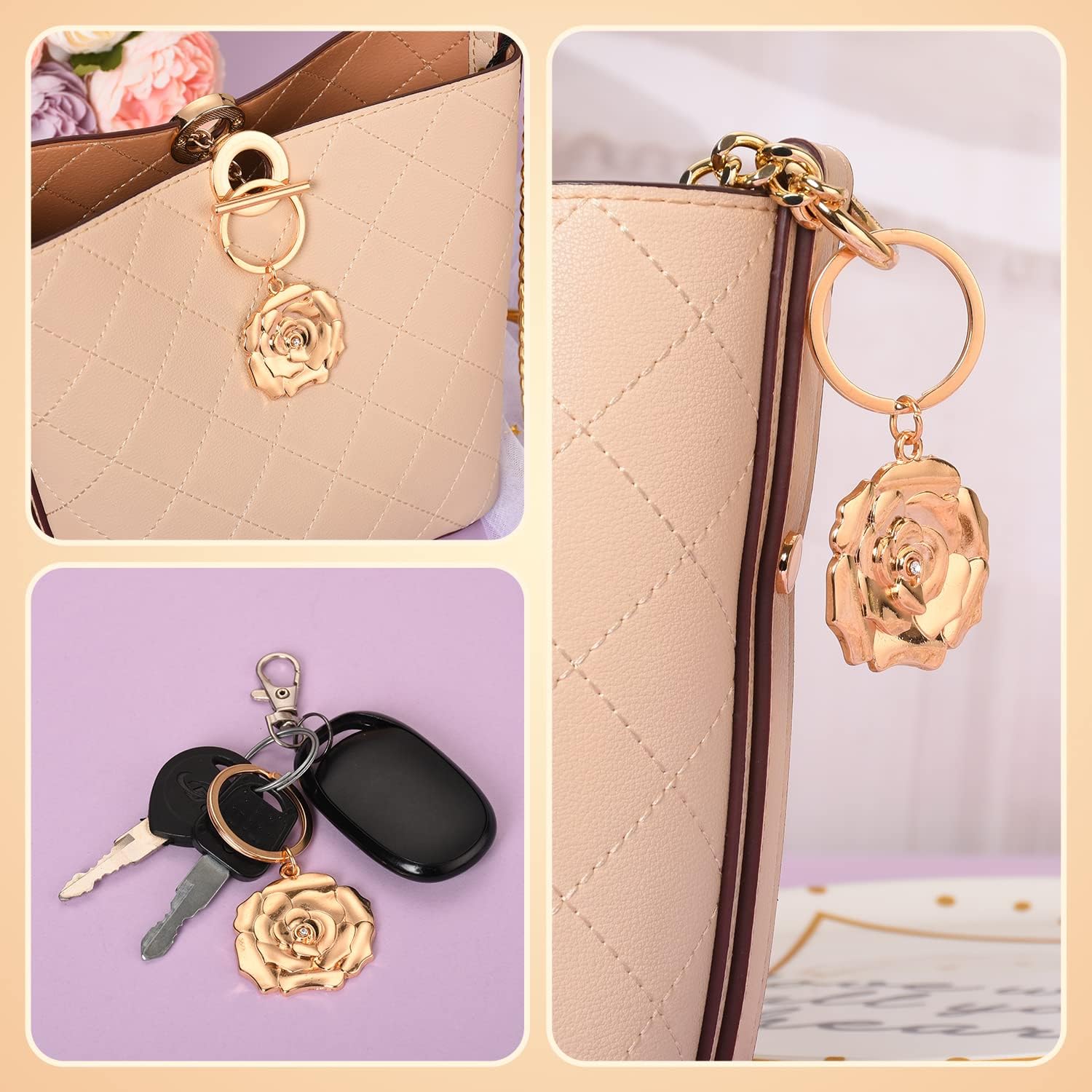 24 Gold Rose Keychains for Wedding Party Favors