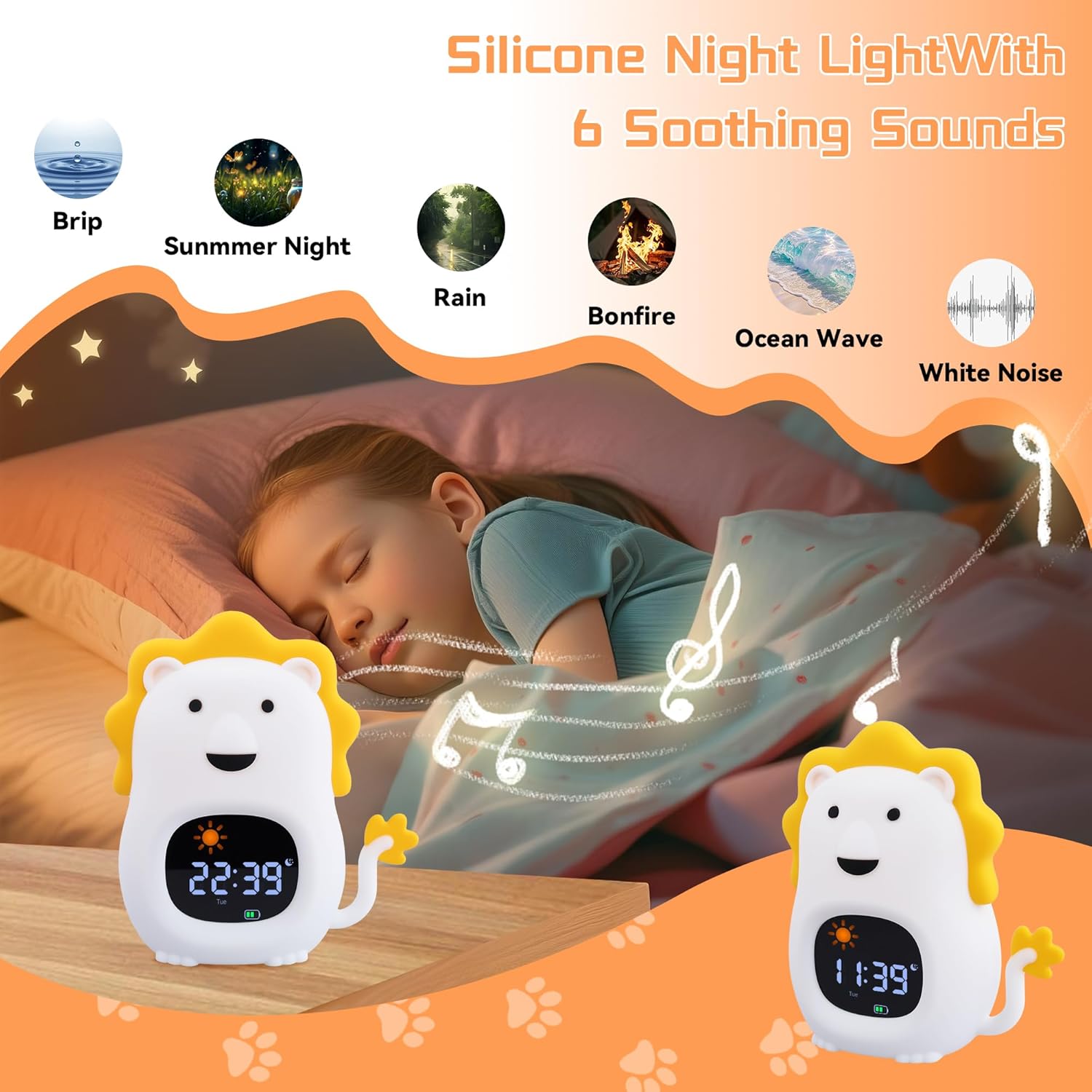 Kids Alarm Clock with White Noise and Night Light