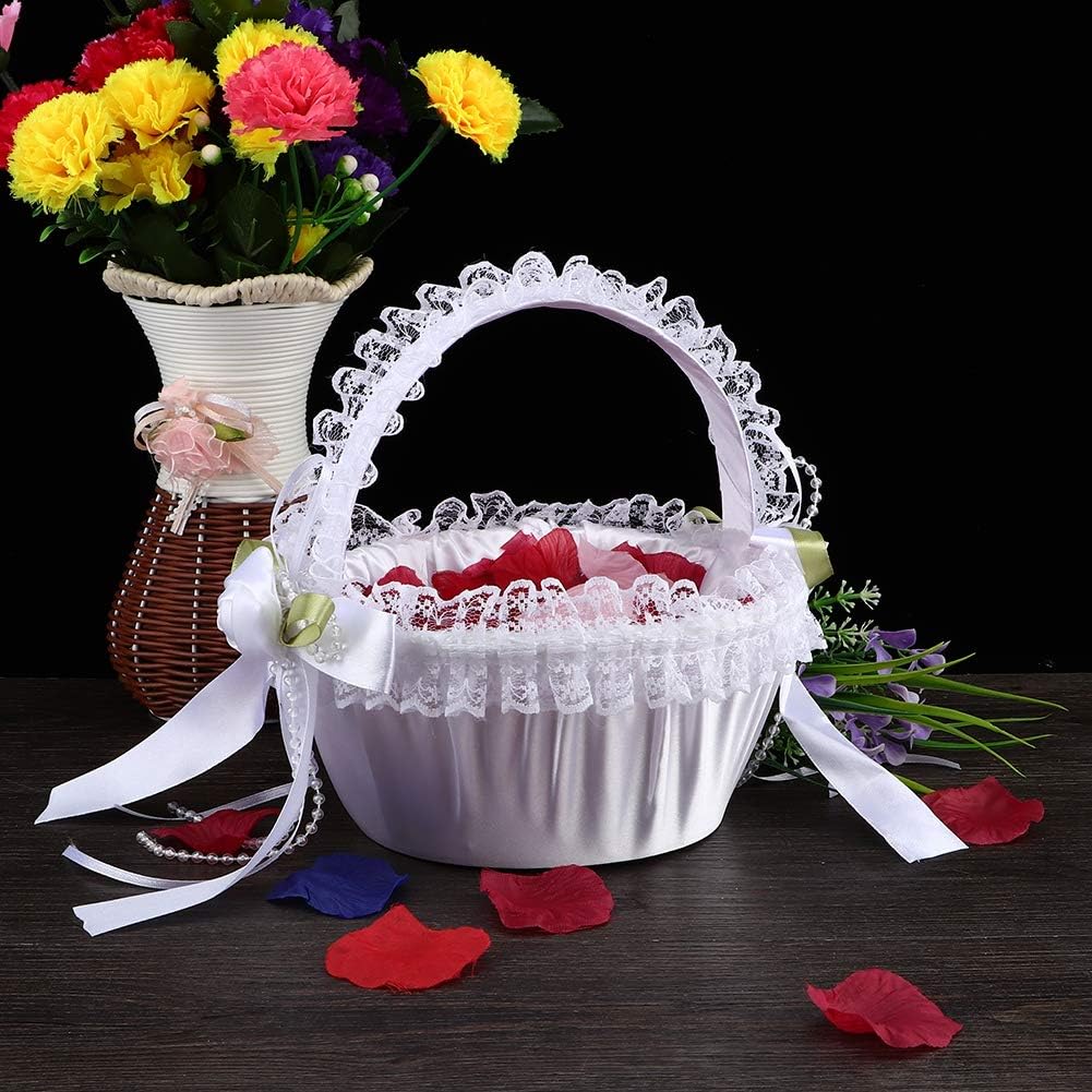 Modern Luxury Ivory Lace and Polyester Flower Girl Basket with Handle