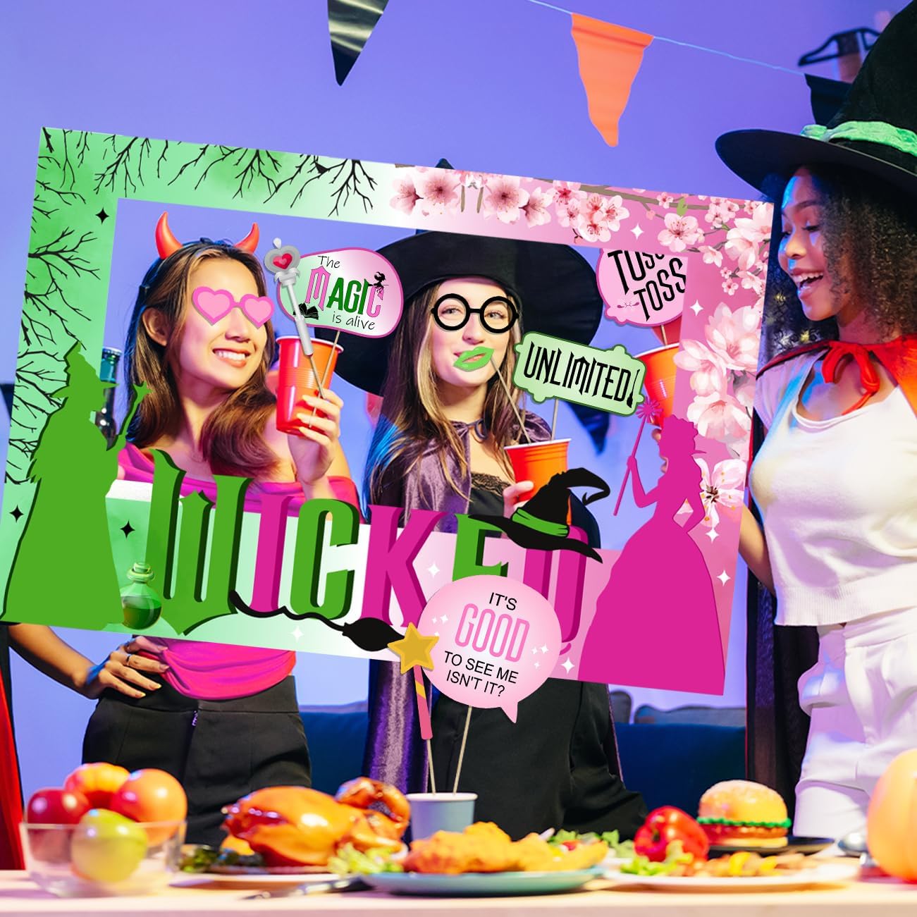 Pink Green and Black Witch Party Photo Booth Props Kit