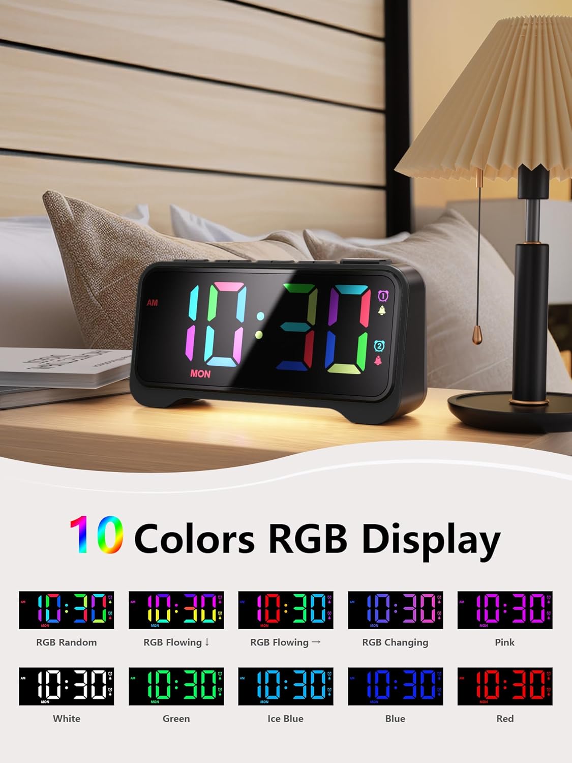 Mesqool Super Loud Alarm Clock with RGB Display and Night Light - Black