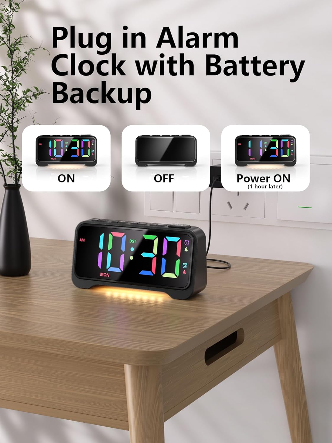 Mesqool Super Loud Alarm Clock with RGB Display and Night Light - Black
