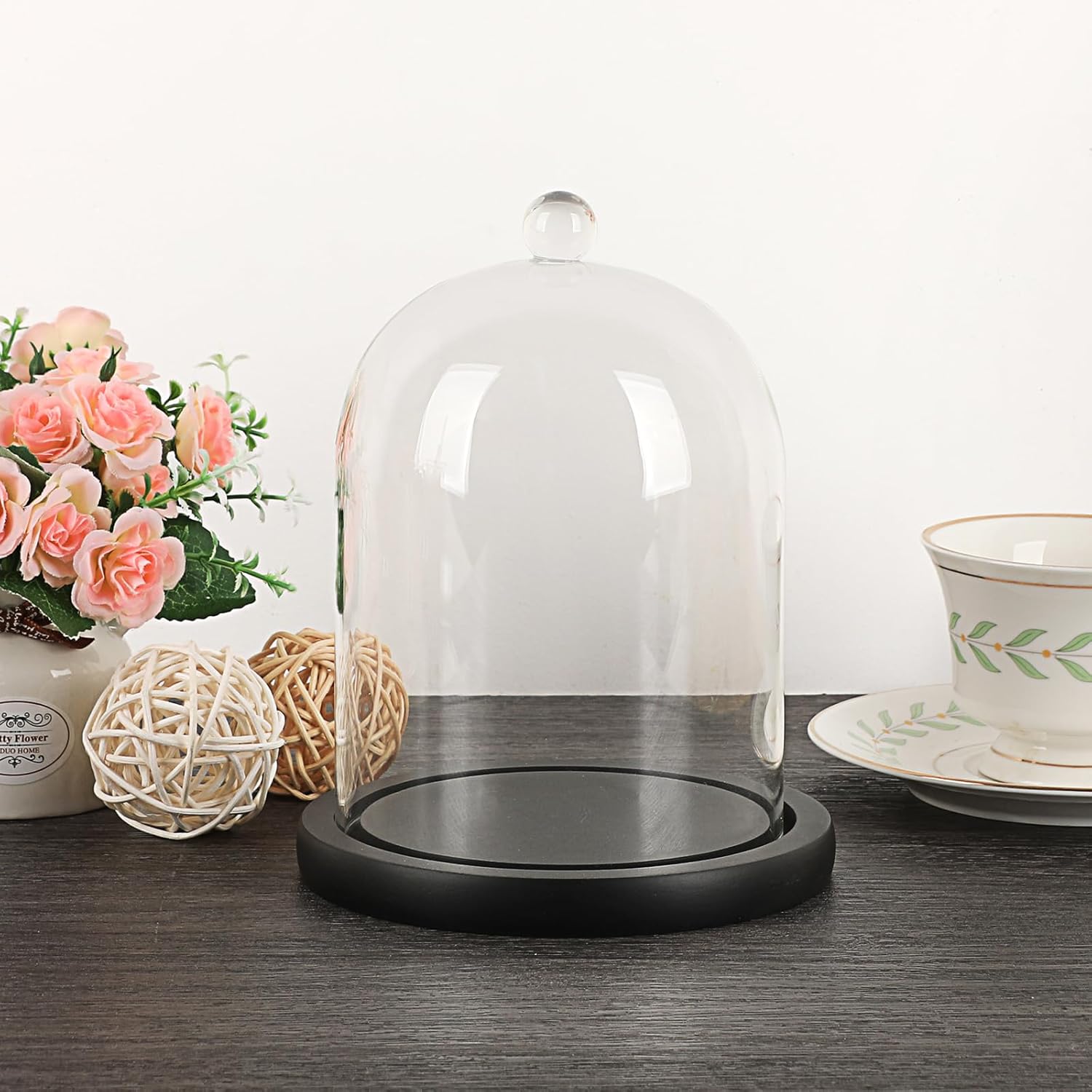 JUXYES Clear Glass Cloche with Wood Base