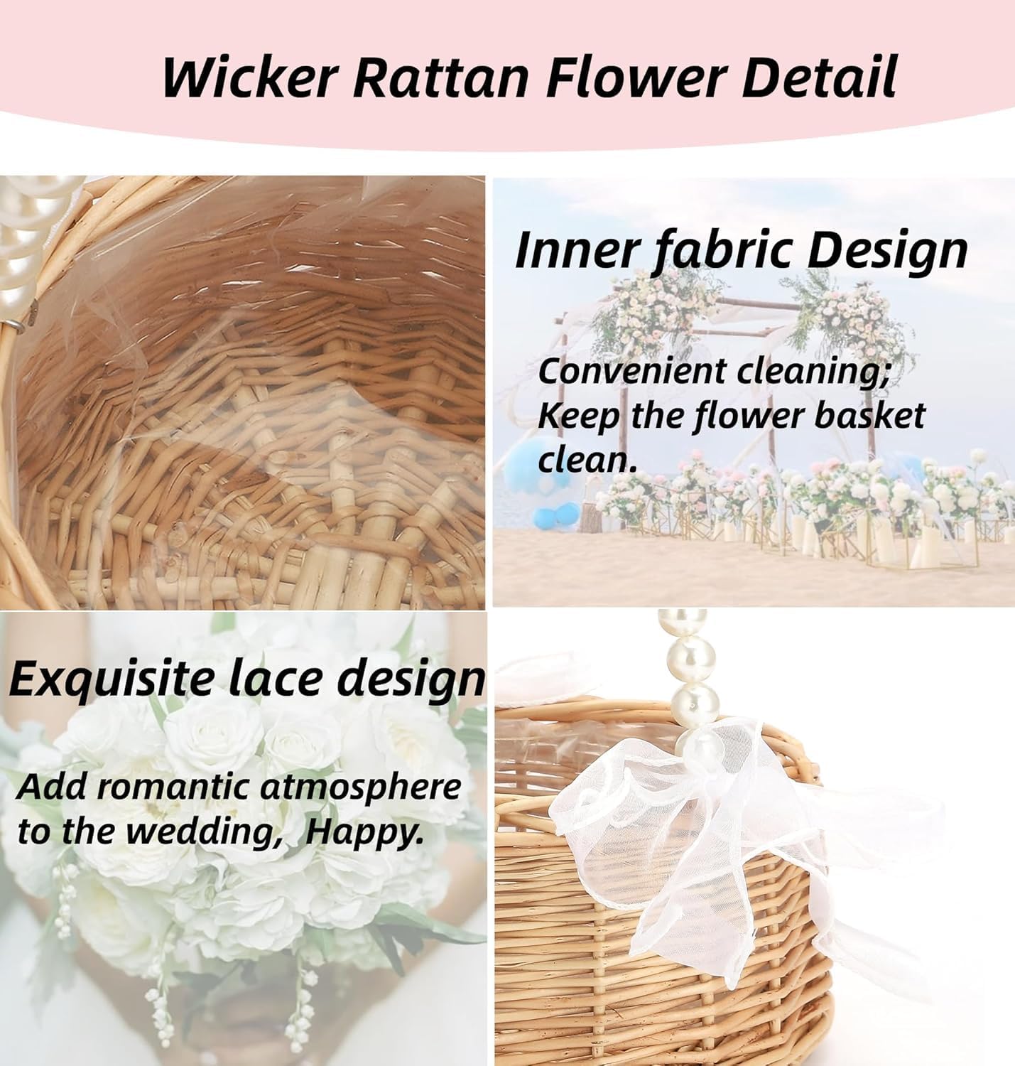 2PCS Wicker Rattan Flower Girl Baskets with Pearl Handle Tassels