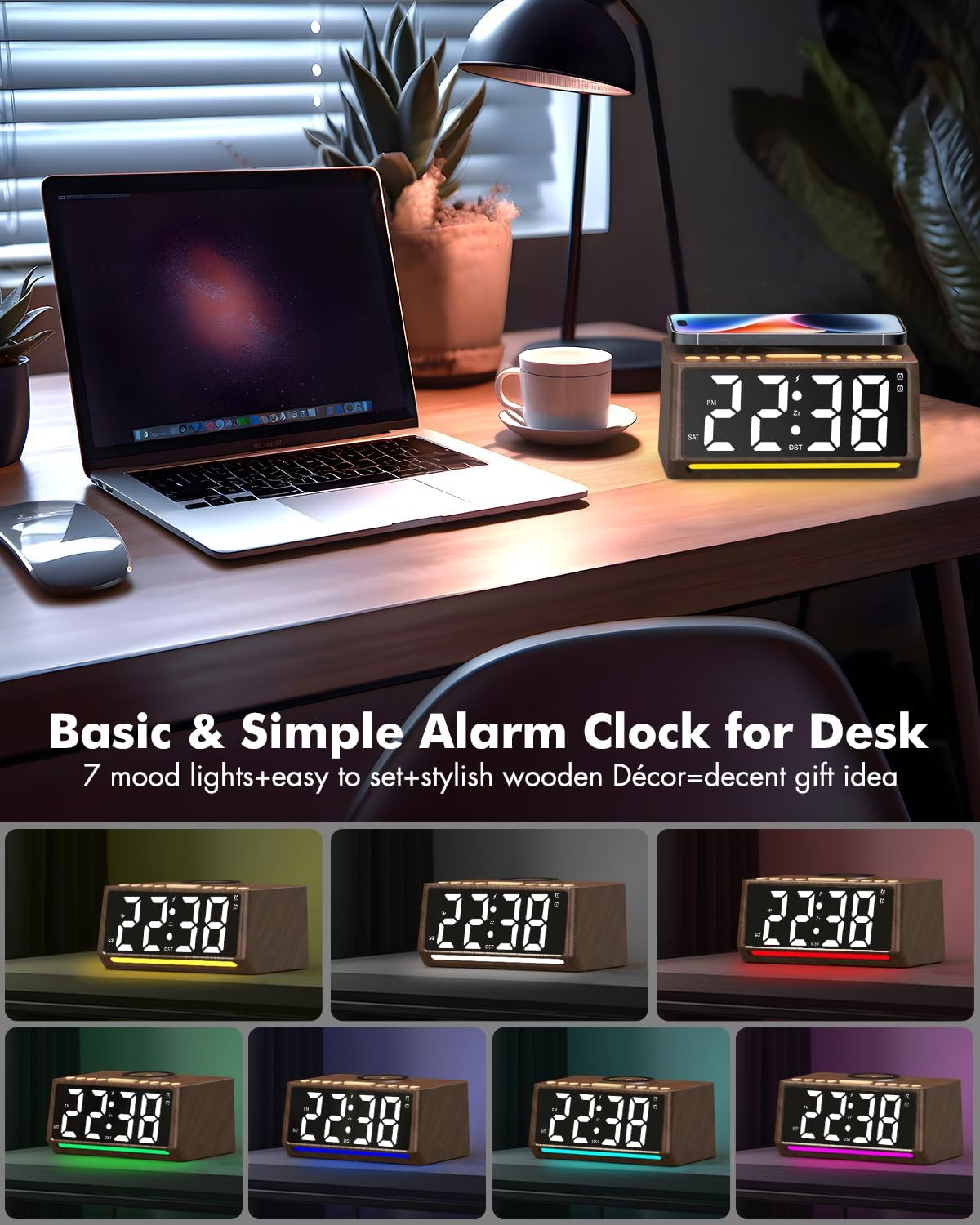 Te-Rich Retro Digital Alarm Clock with Mood Lights and Wireless Charging