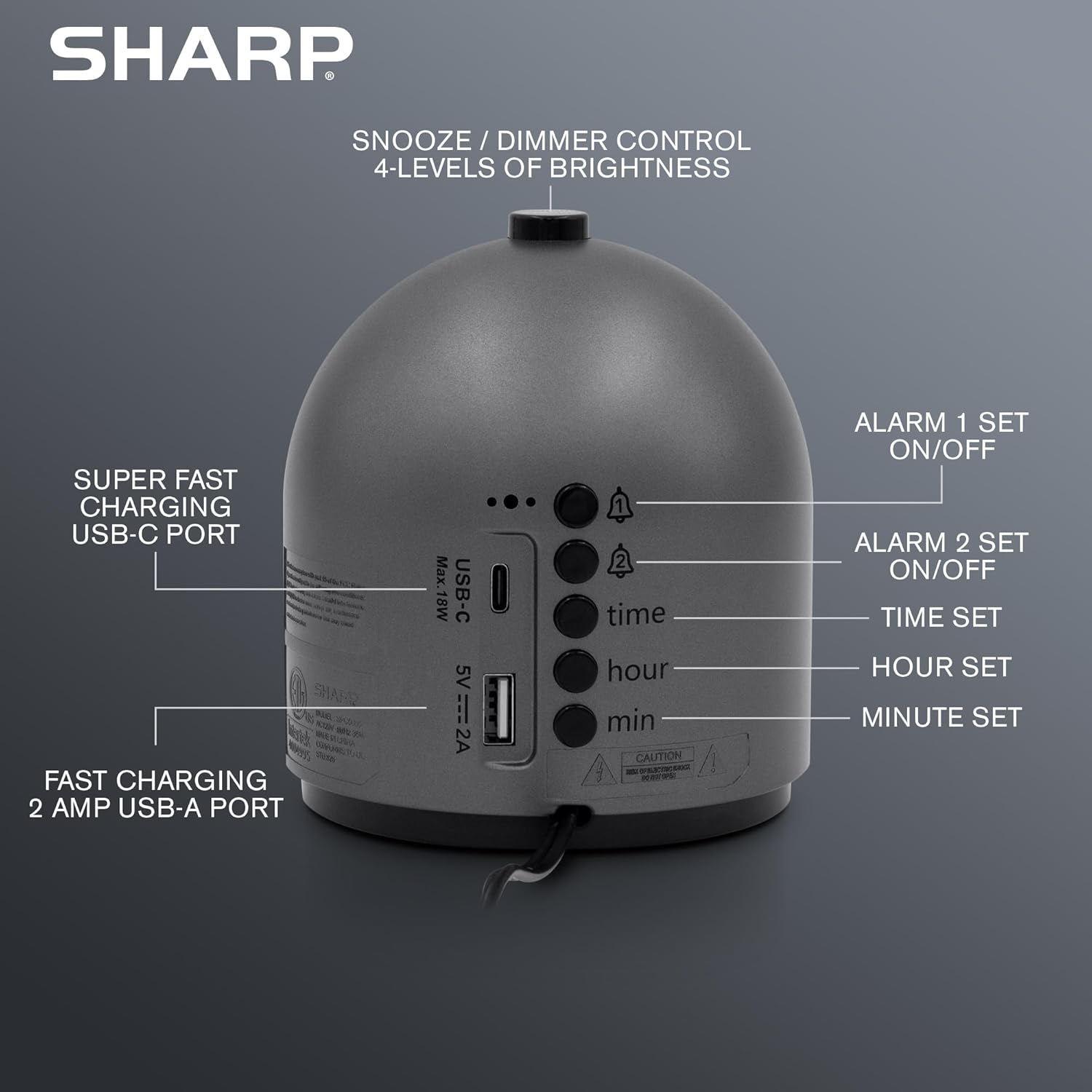 Sharp Dual Alarm Clock with USB Charging and Dimmable Display