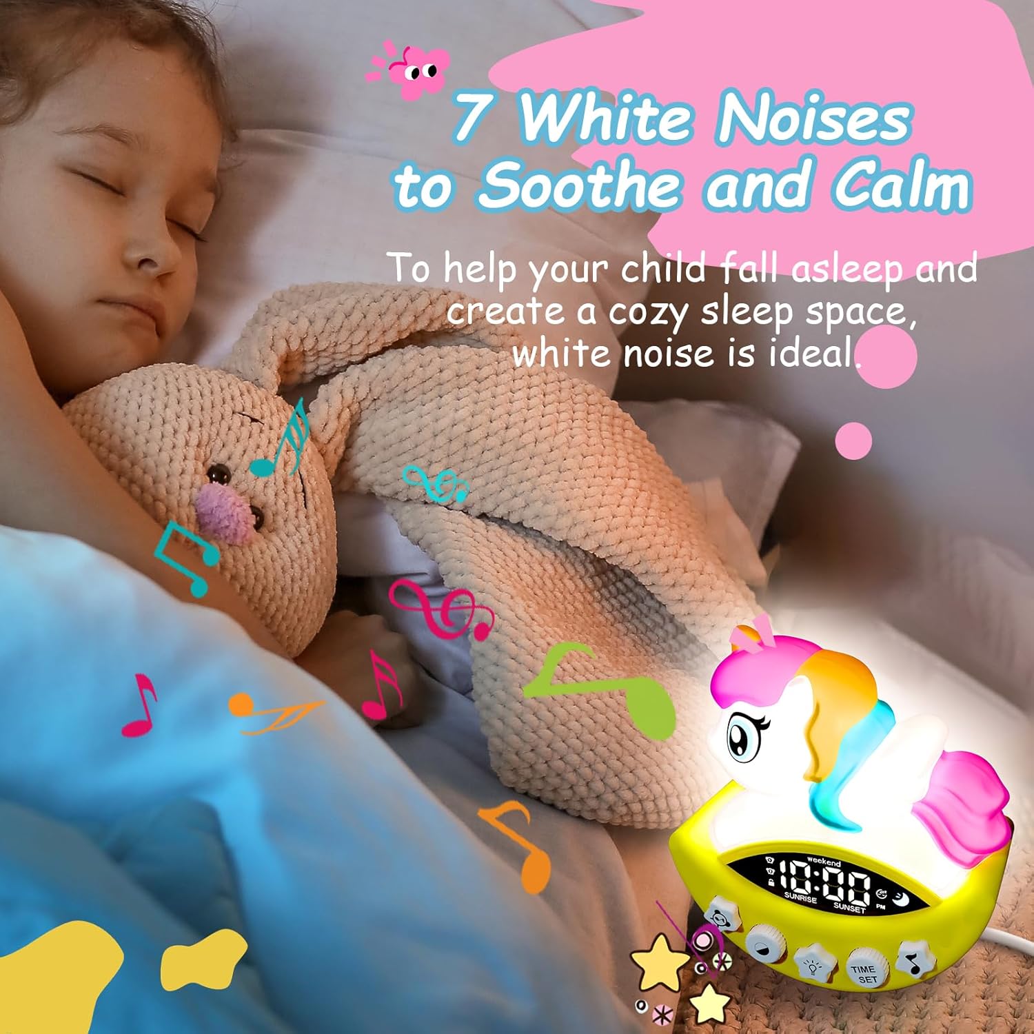 DoliWish Unicorn Alarm Clock with Night Light and White Noise
