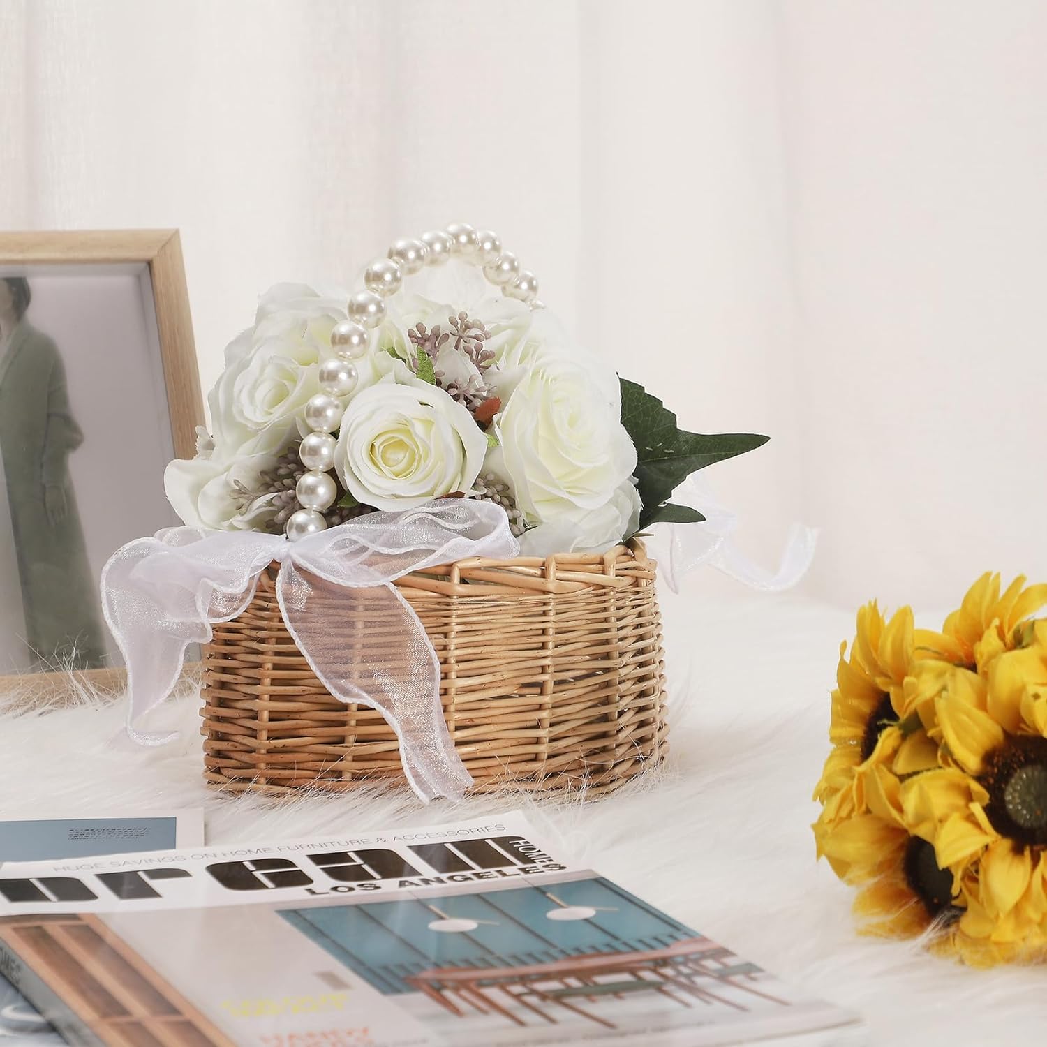 Wicker Rattan Flower Girl Basket for Wedding Ceremony