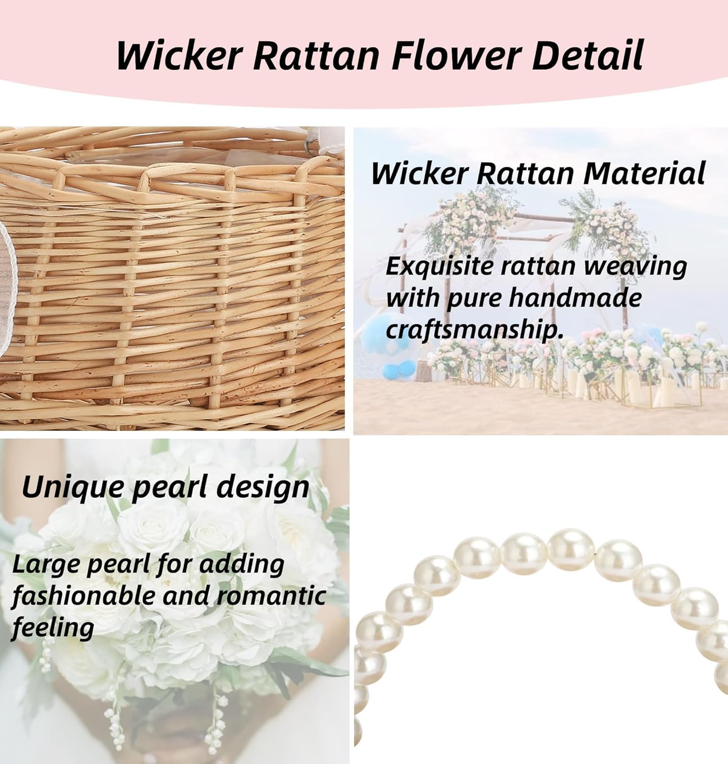 2PCS Wicker Rattan Flower Girl Baskets with Pearl Handle Tassels
