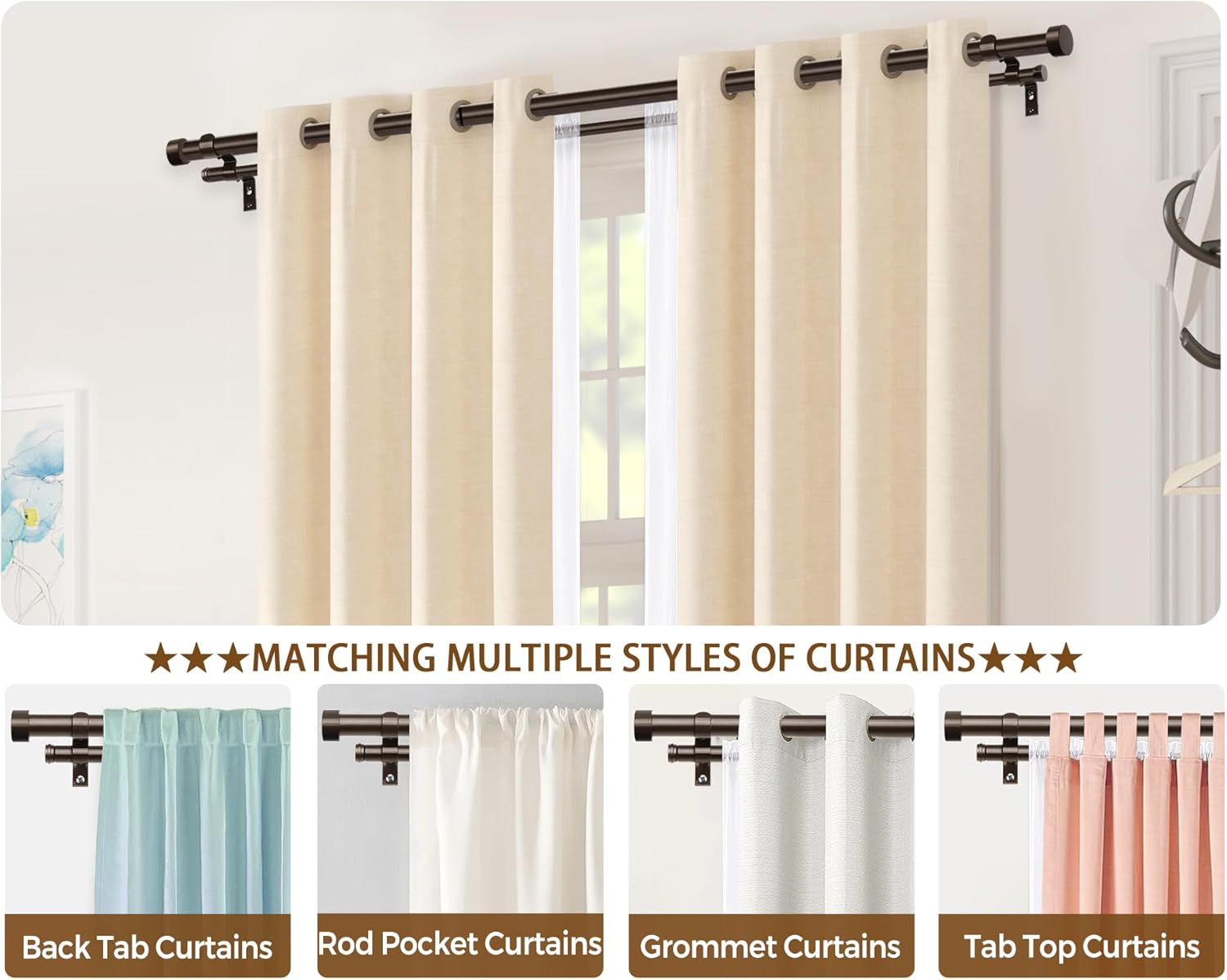 KAMANINA 1 Inch Double Curtain Rods 66-120 Inches Heavy Duty Bronze