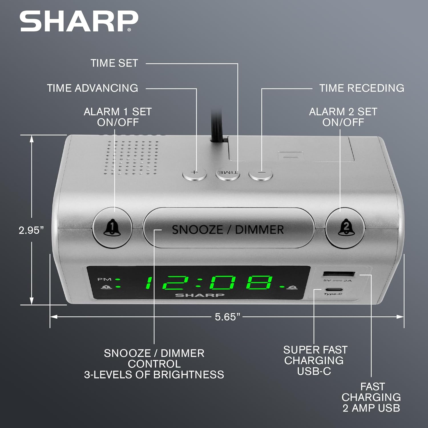 Sharp Alarm Clock with 2 Alarms and USB-C Charging