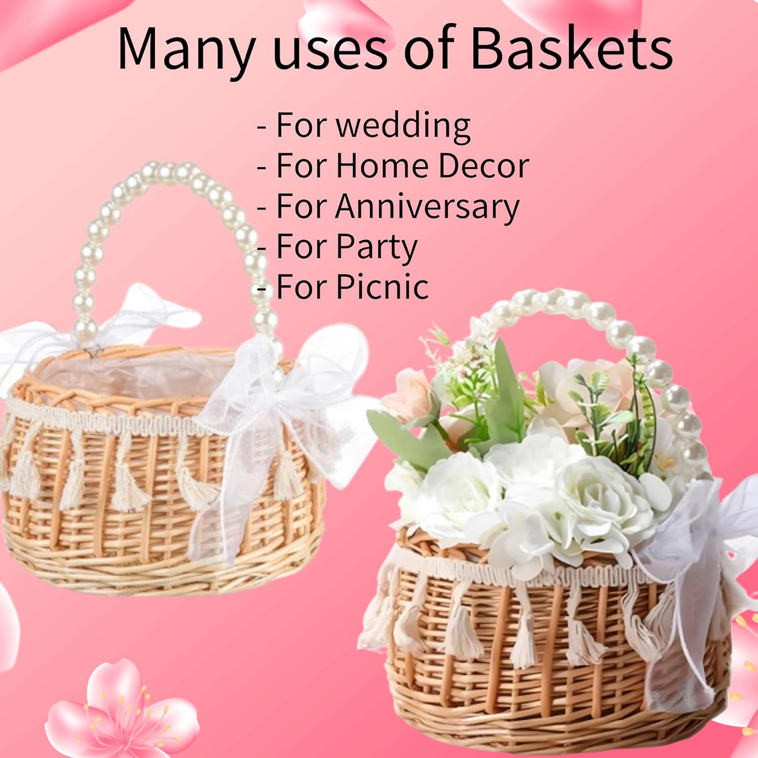 2PCS Wicker Rattan Flower Girl Baskets with Pearl Handle Tassels