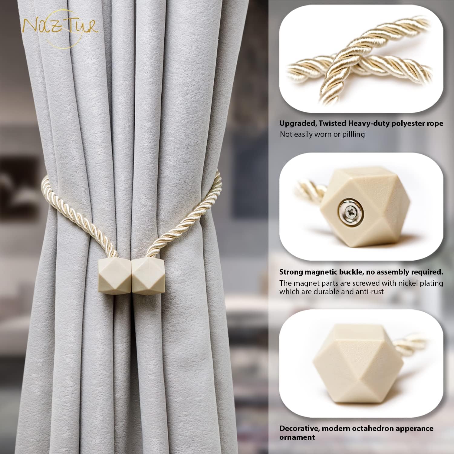 Magnetic Curtain Tiebacks - Upgraded 2022 with Thicker Twist Rope and Strong Durable Magnets