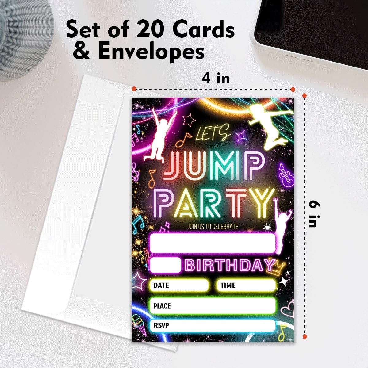 Lets Jump Birthday Party Invitation Neon 4x6 inch