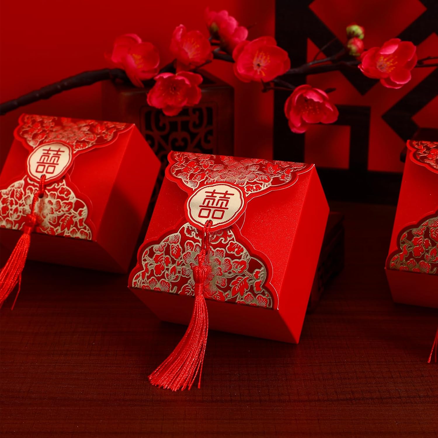 80 Pcs Red Wedding Candy Box with Tassel