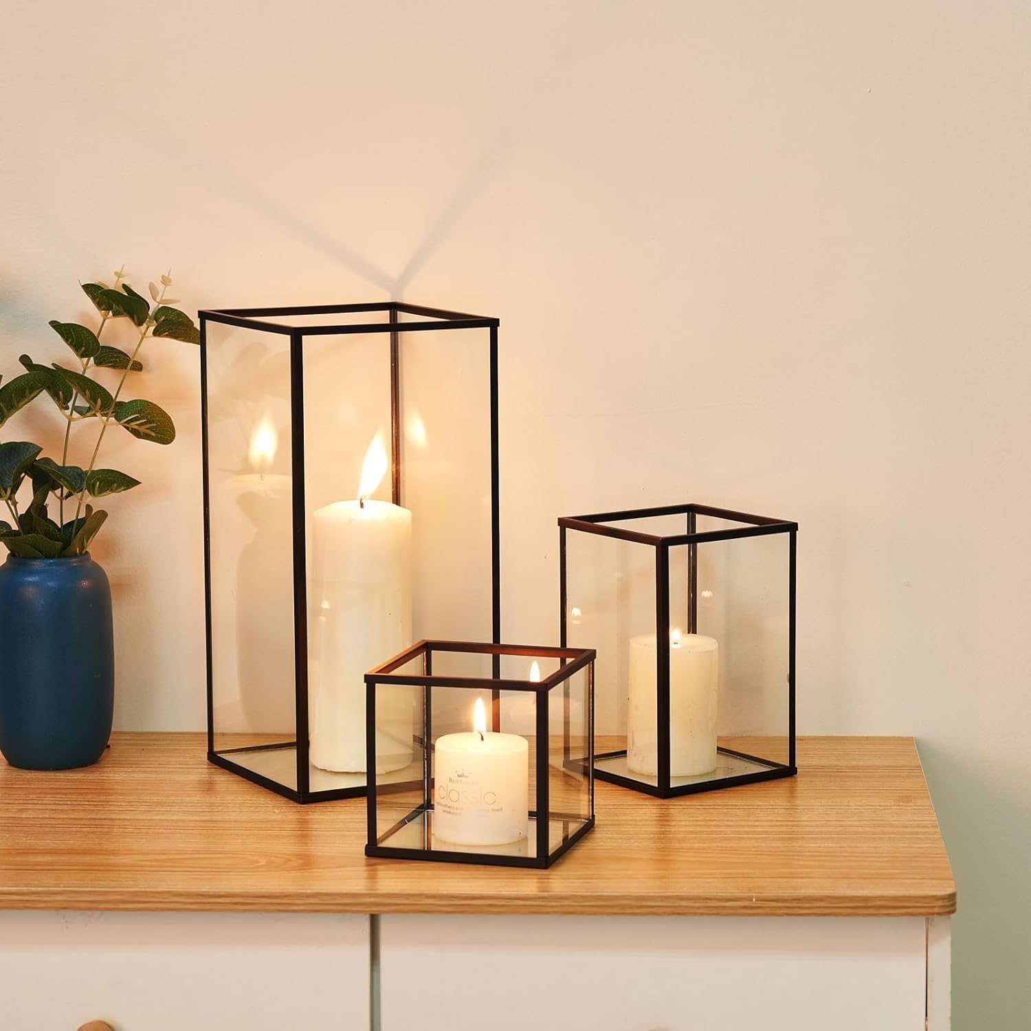 PHOSPHOR Glass Hurricane Candle Holder Set of 3 Black