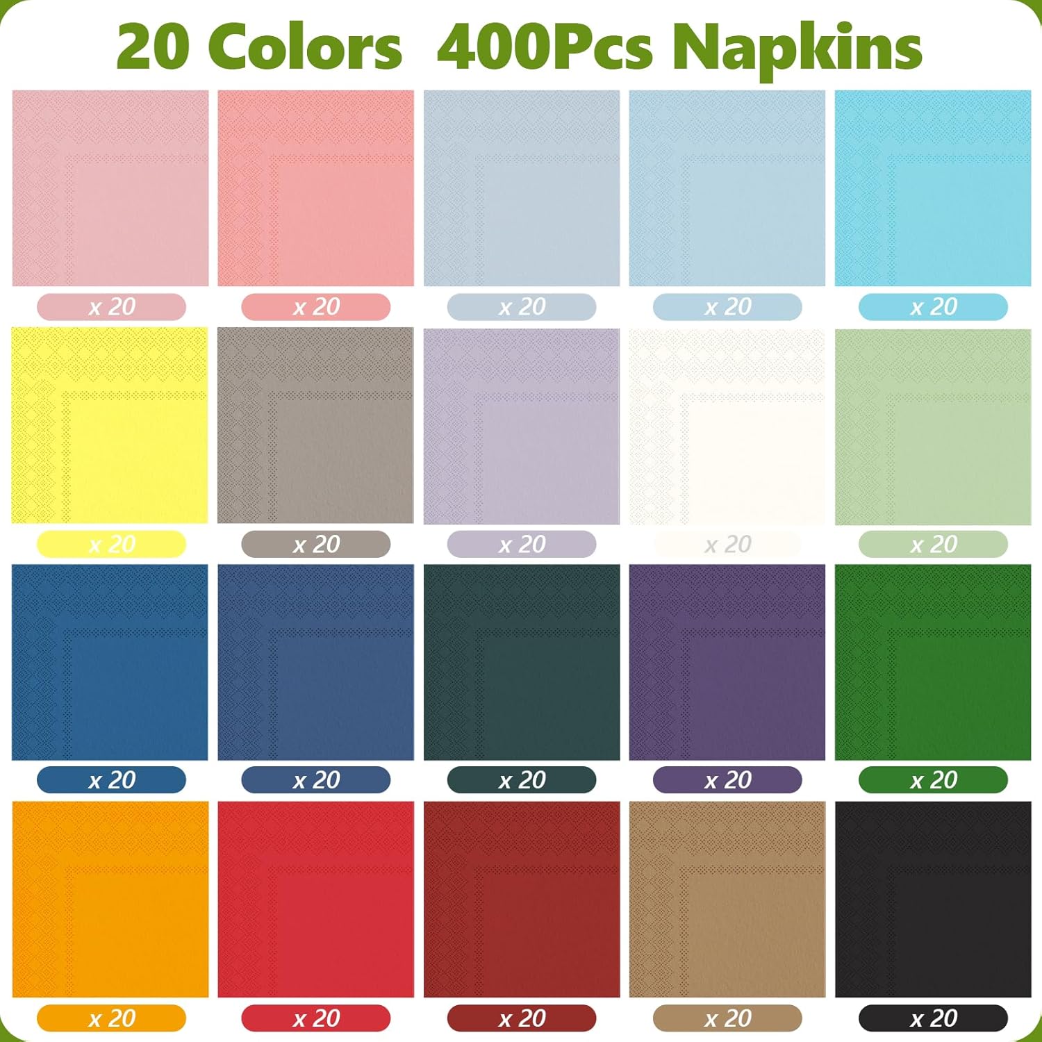 400 Pack Cocktail Napkins 20 Colors 10x10 Inch