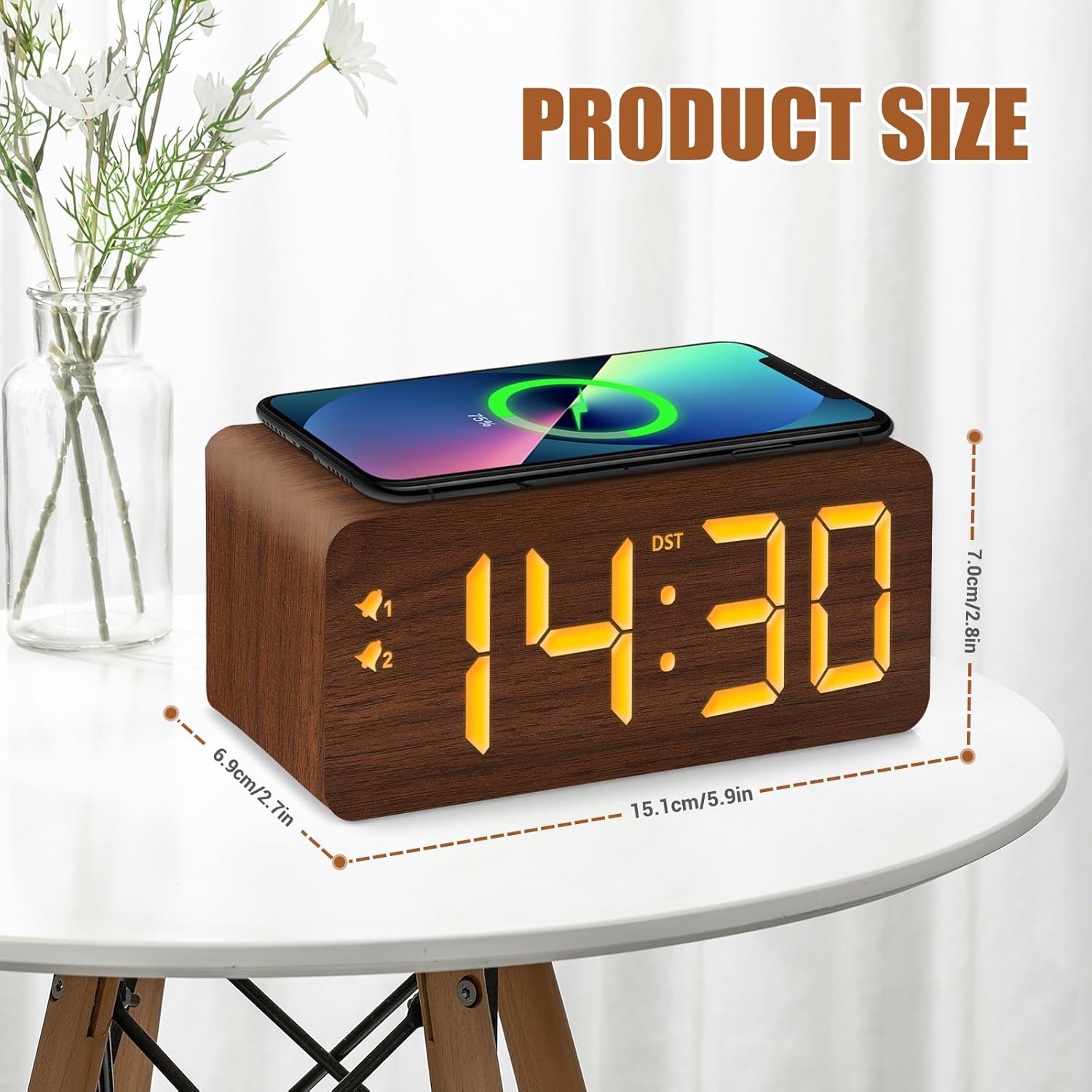 URAYCO Wood Digital Alarm Clock with 10W Wireless Charger and USB Ports