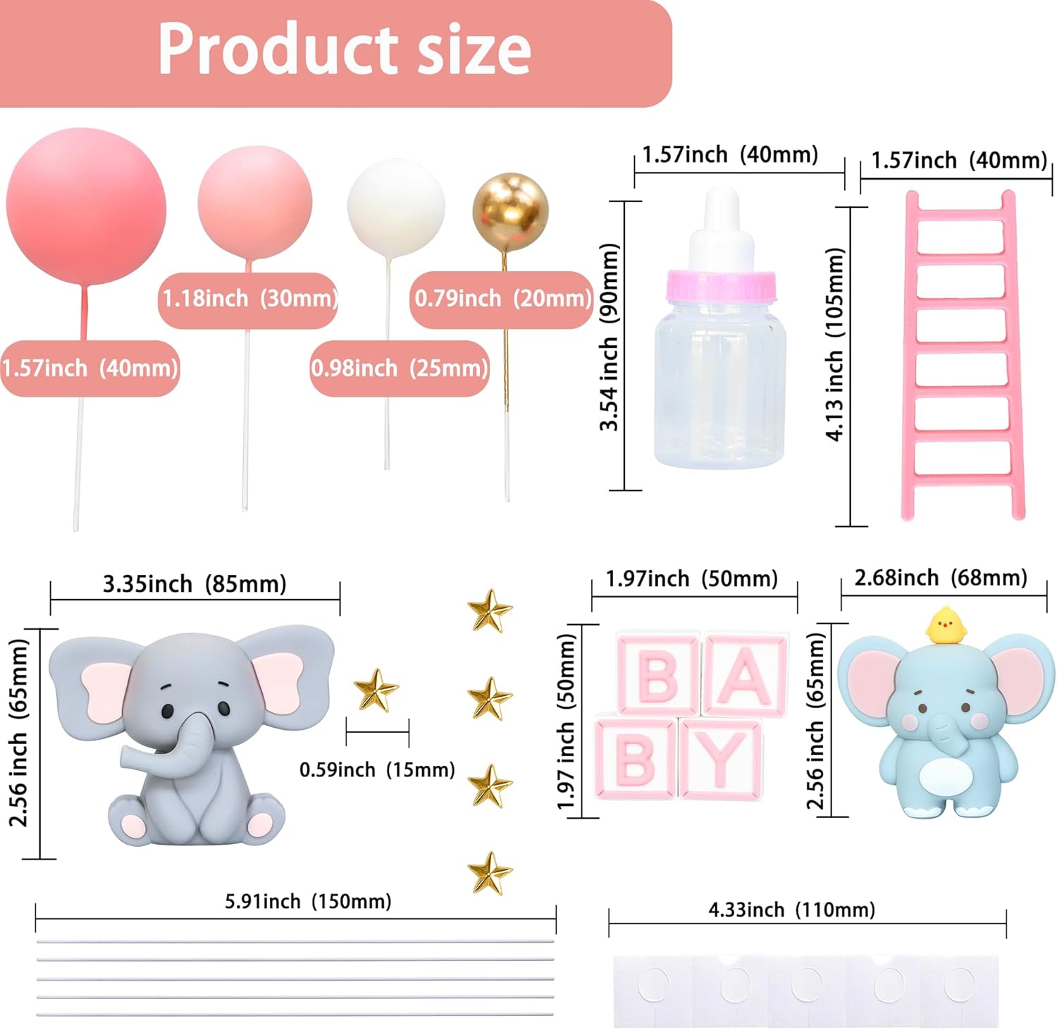 Gyufise 33Pcs 3D Elephant Cake Toppers Pink