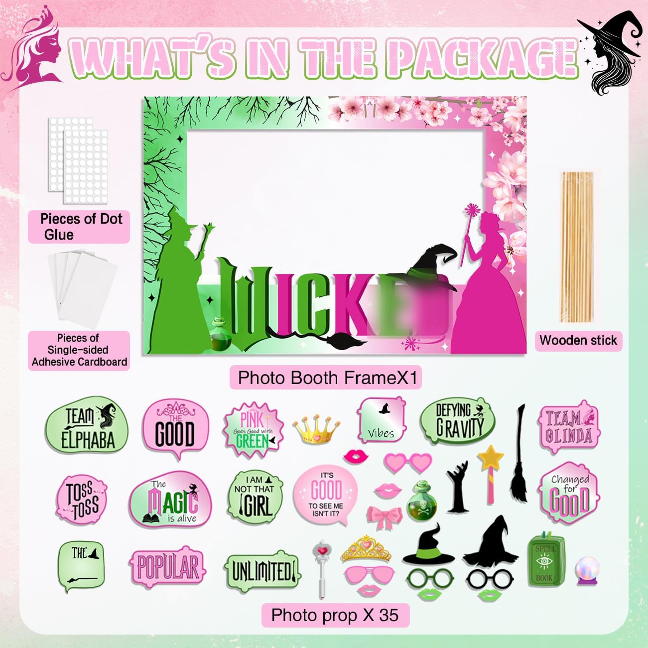 Pink Green and Black Witch Party Photo Booth Props Kit
