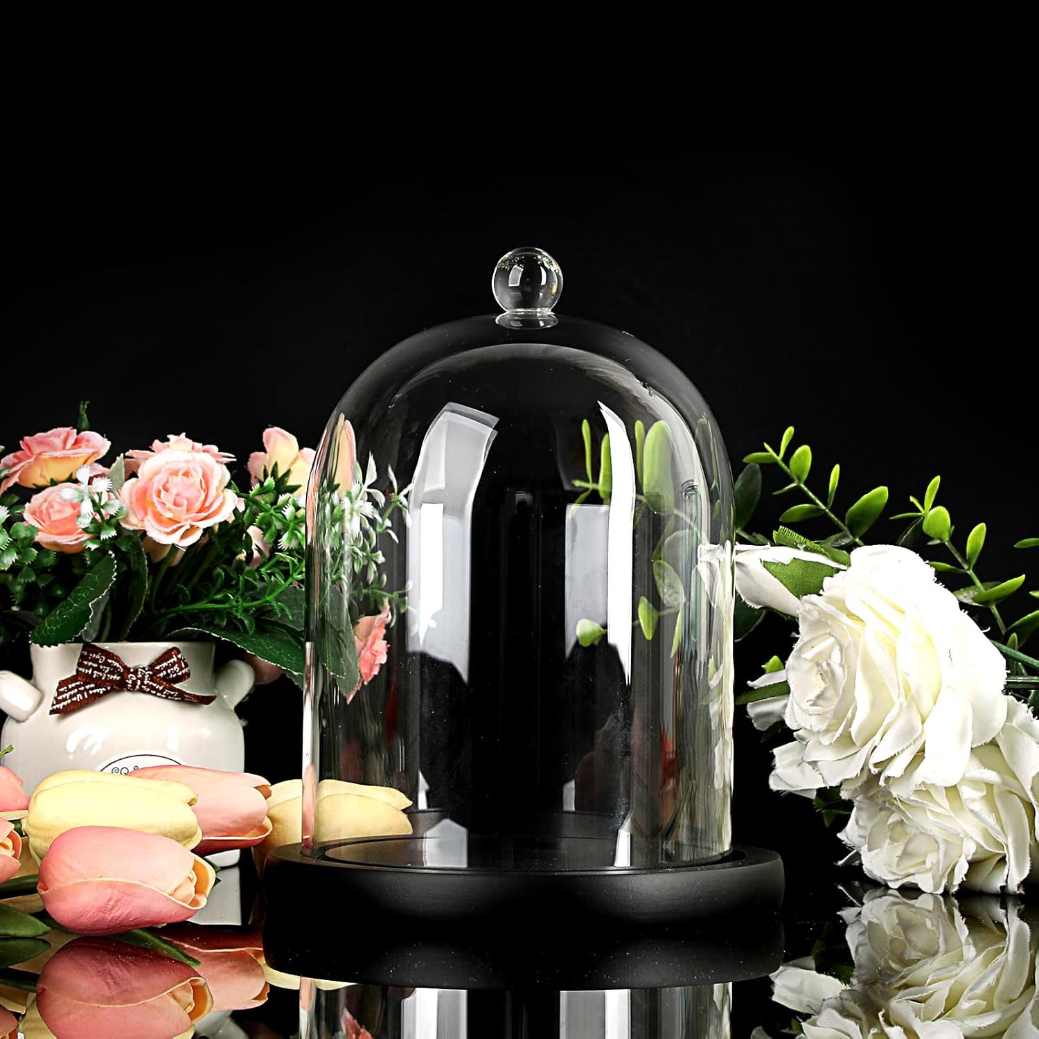 JUXYES Clear Glass Cloche with Wood Base
