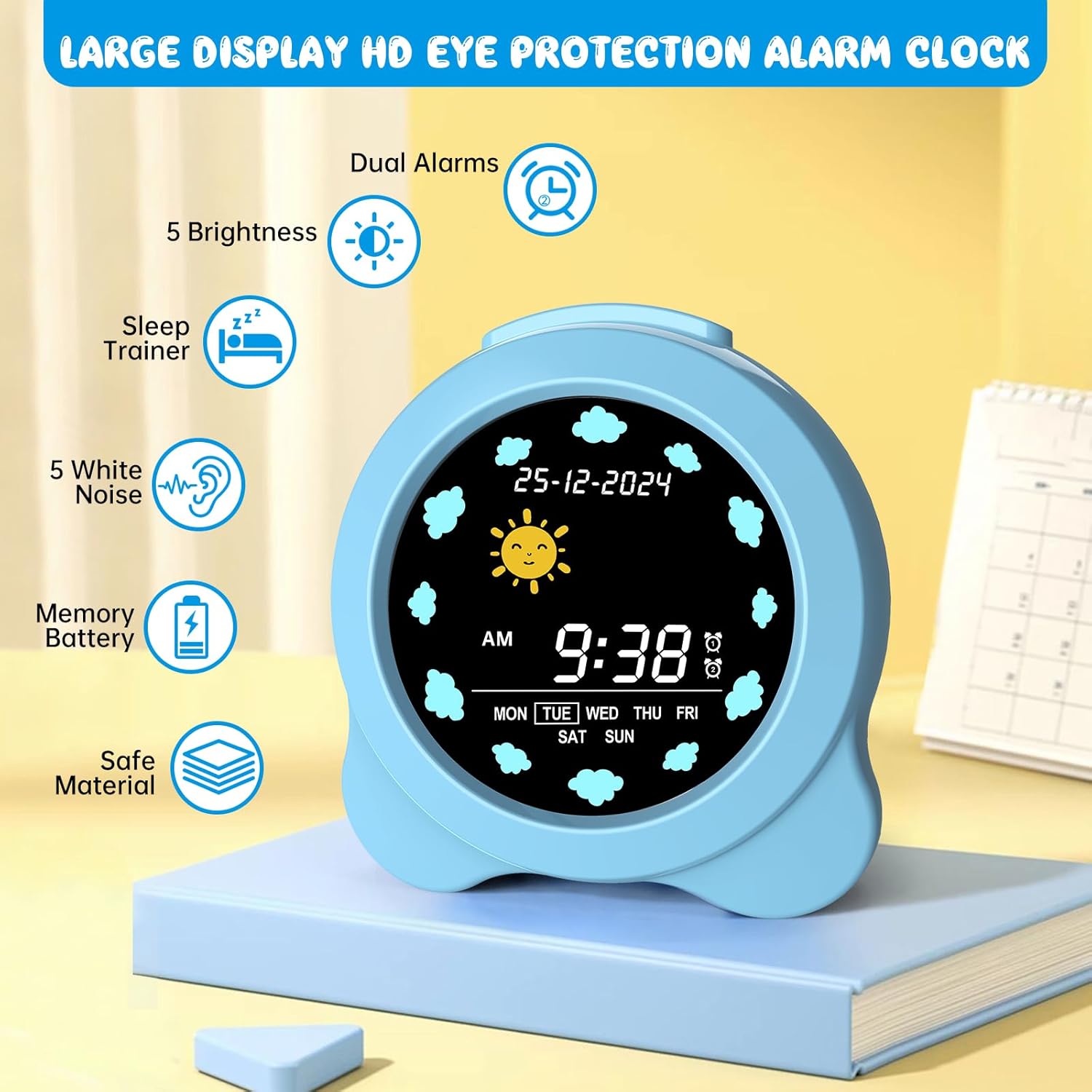 Kids Alarm Clock with Sun Moon LED Display