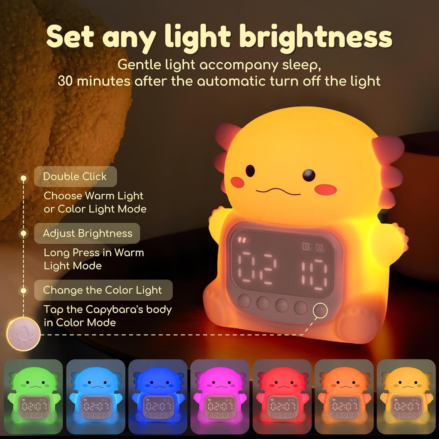 Axolotl Alarm Clock with Night Light for Kids 1