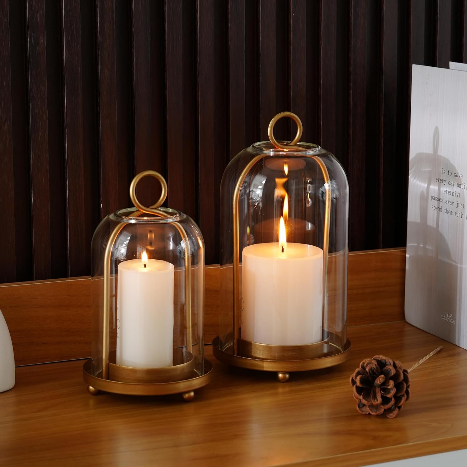 Glass Hurricane Candle Holder Set of 2 with Antique Brass Finish