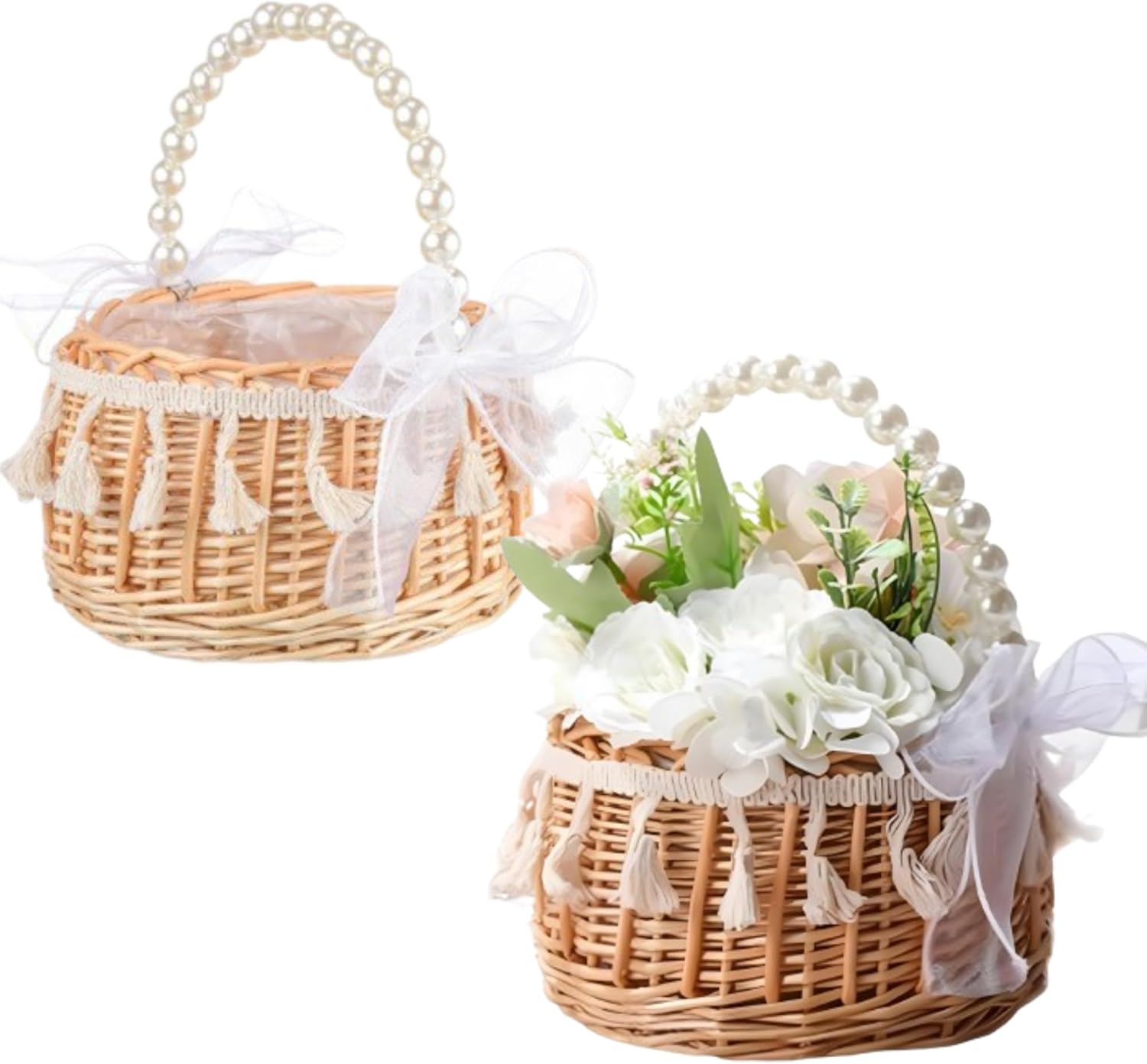 2PCS Wicker Rattan Flower Girl Baskets with Pearl Handle Tassels