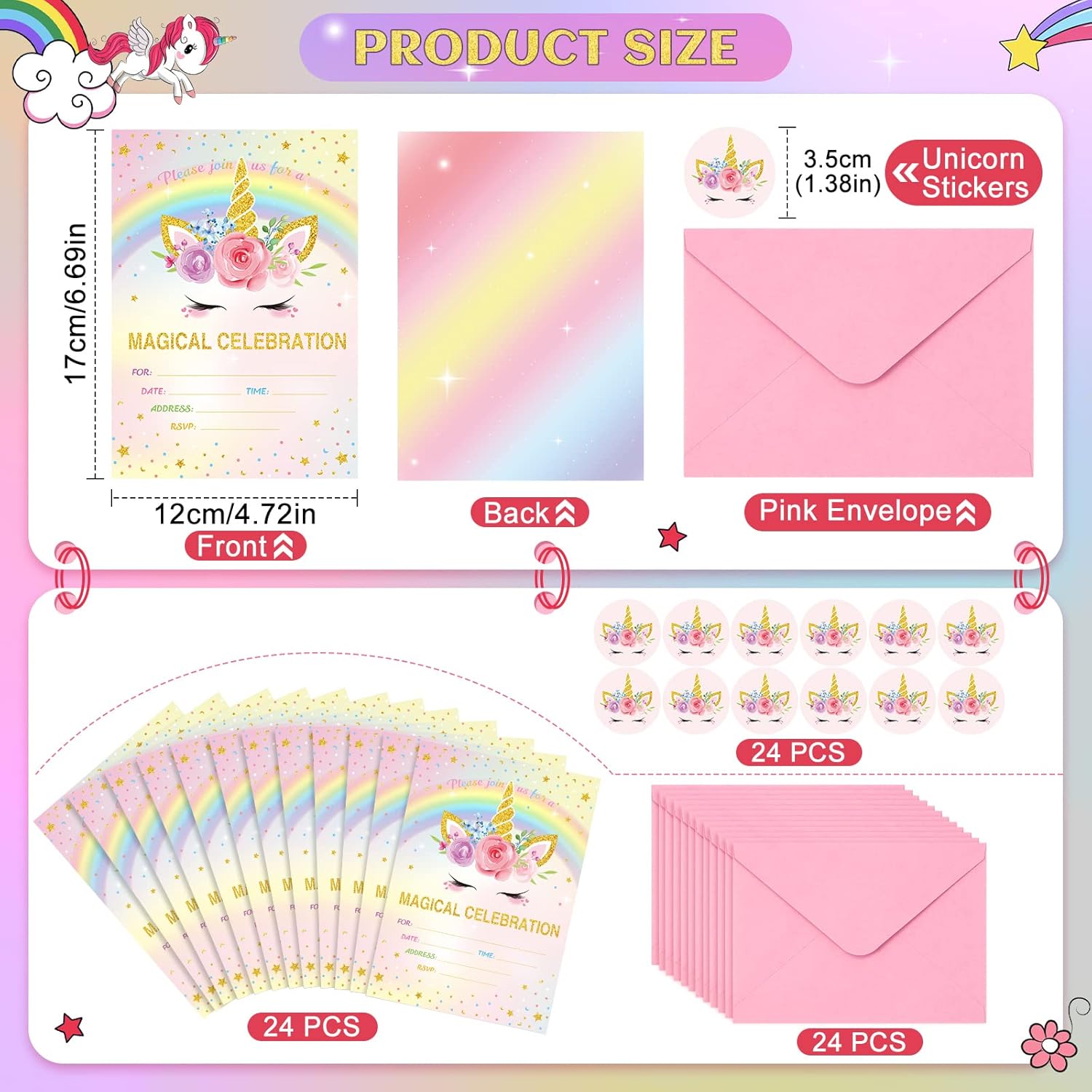 Tallew 24 Piece Unicorn Party Invitation Set
