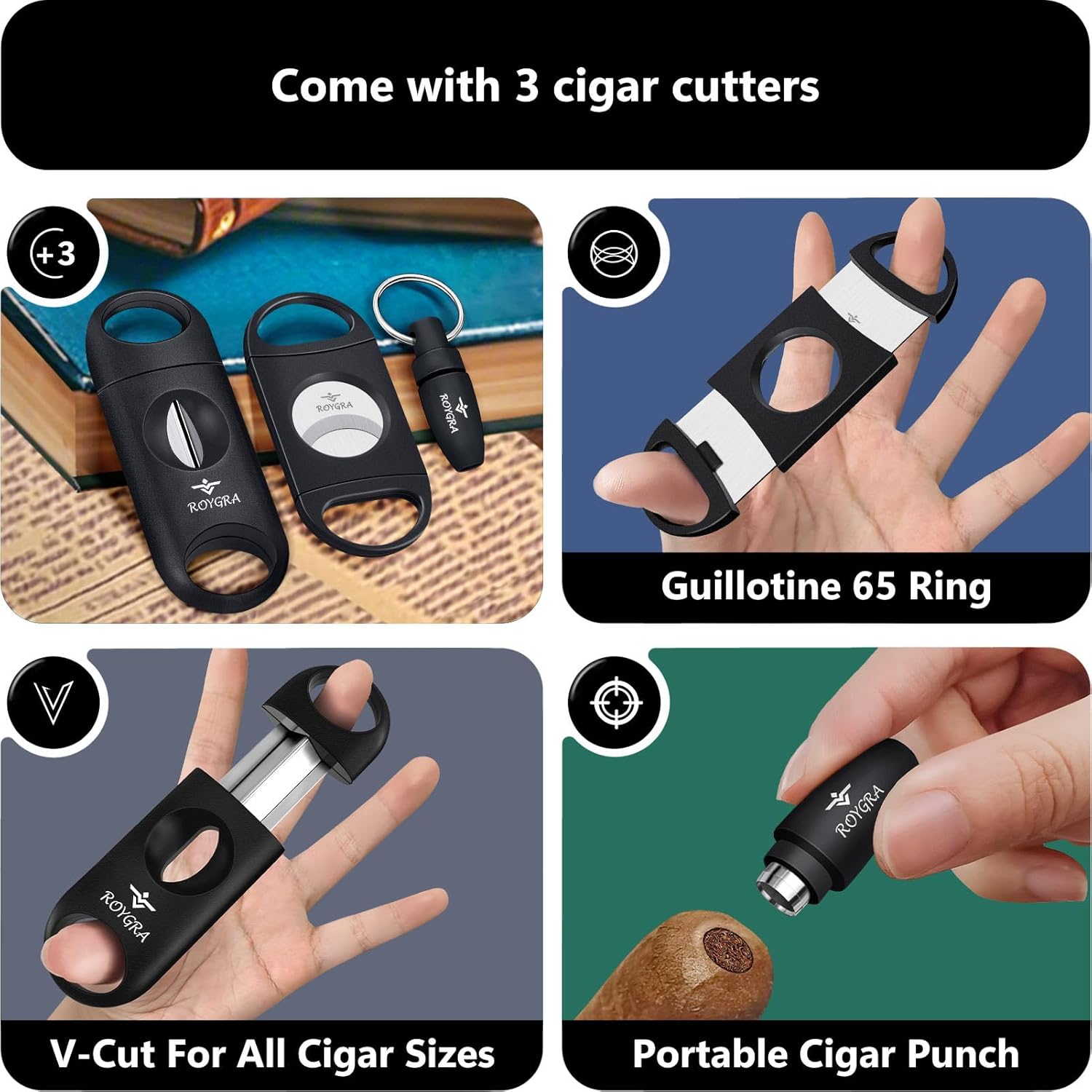 Roygra Cigar Ashtray with 3 Cutters Outdoor Use Black