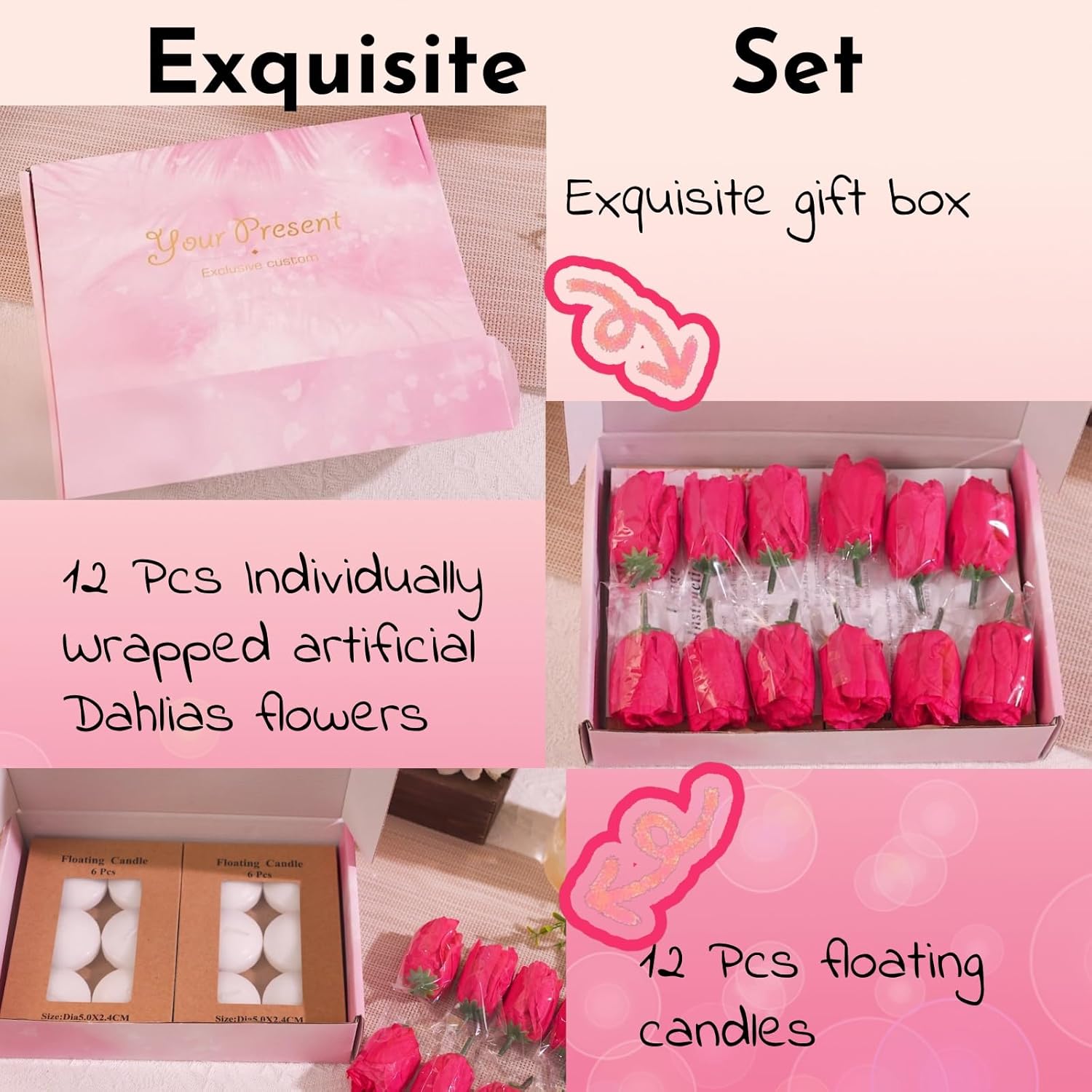 24 Pcs Floating Candles and Artificial Flowers Set
