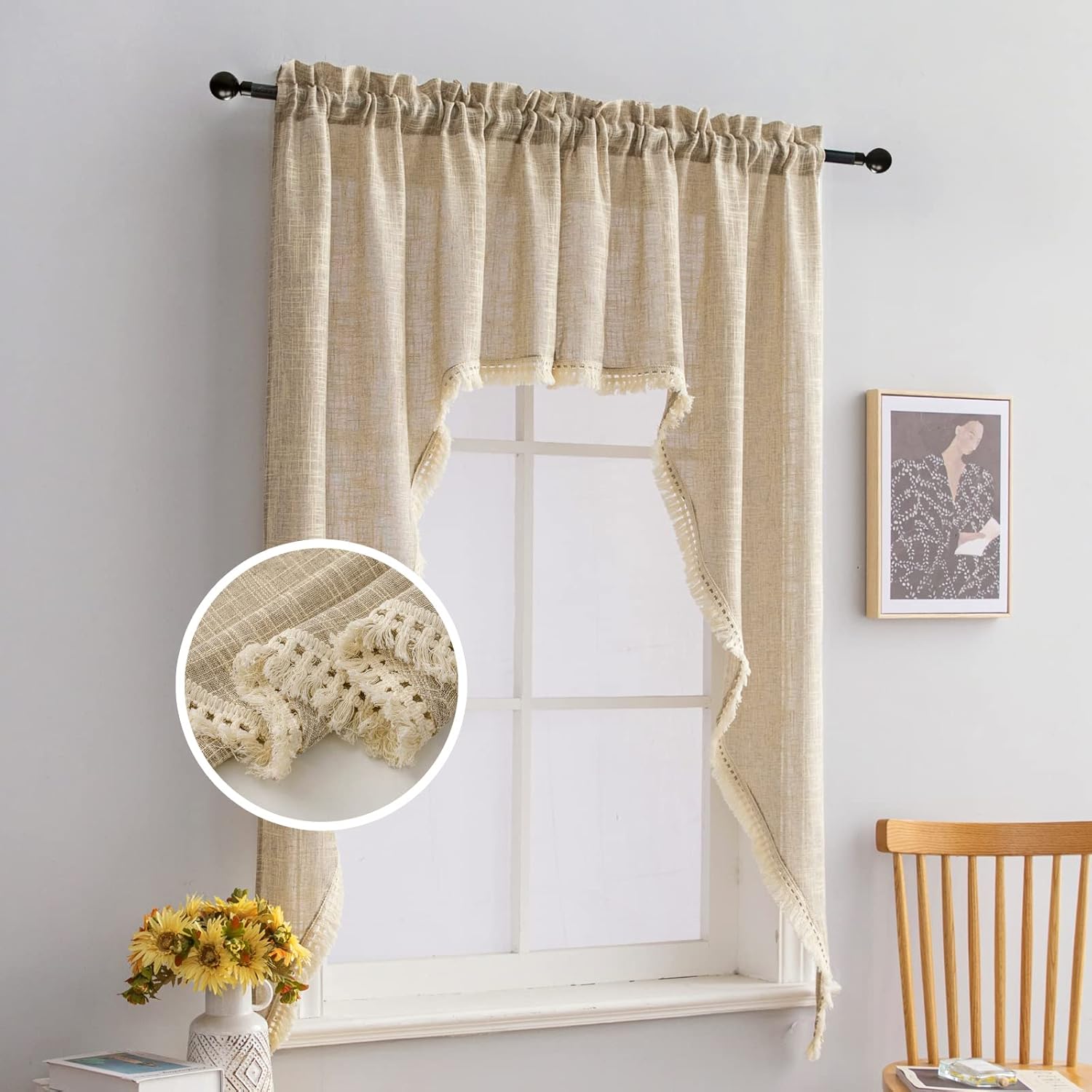 Beda Home Tassel Linen Textured Swag Valance - Farmhouse Style 36x63 Inch 1 Pair